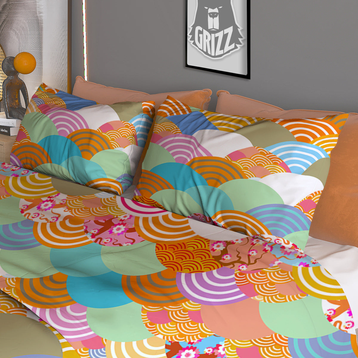 Wave Japanese Flower Colorful Print Pattern Duvet Cover Bedding Set-grizzshop