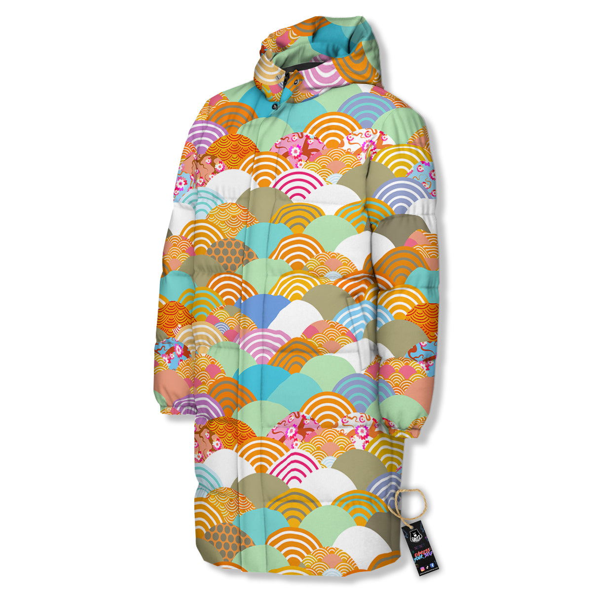 Wave Japanese Flower Colorful Print Pattern Long Down Jacket-grizzshop