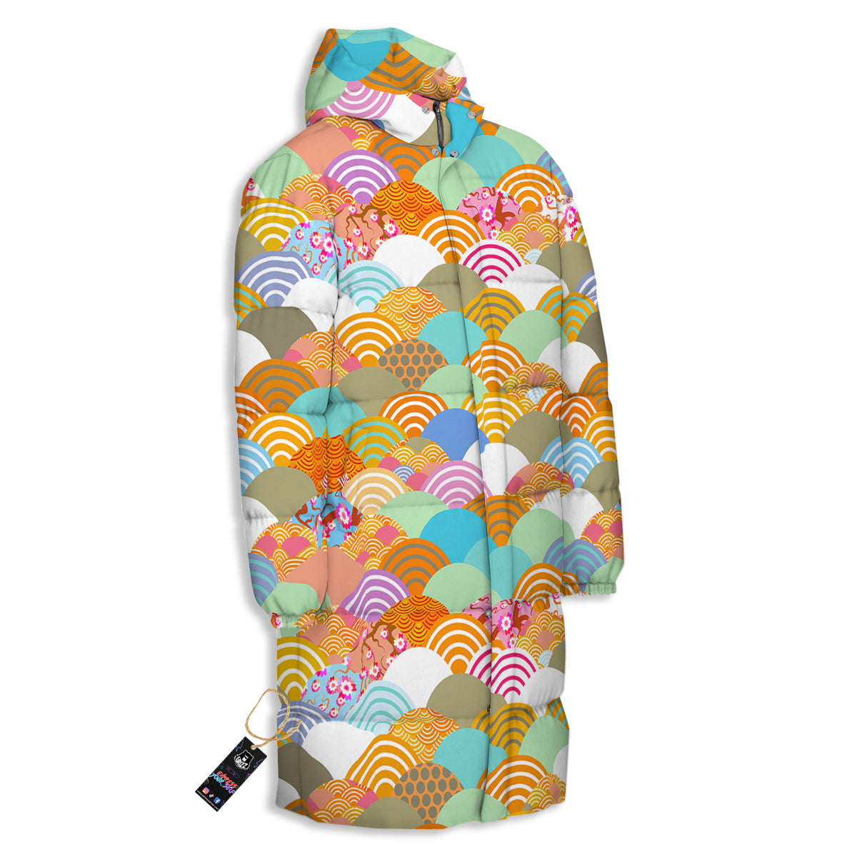 Wave Japanese Flower Colorful Print Pattern Long Down Jacket-grizzshop