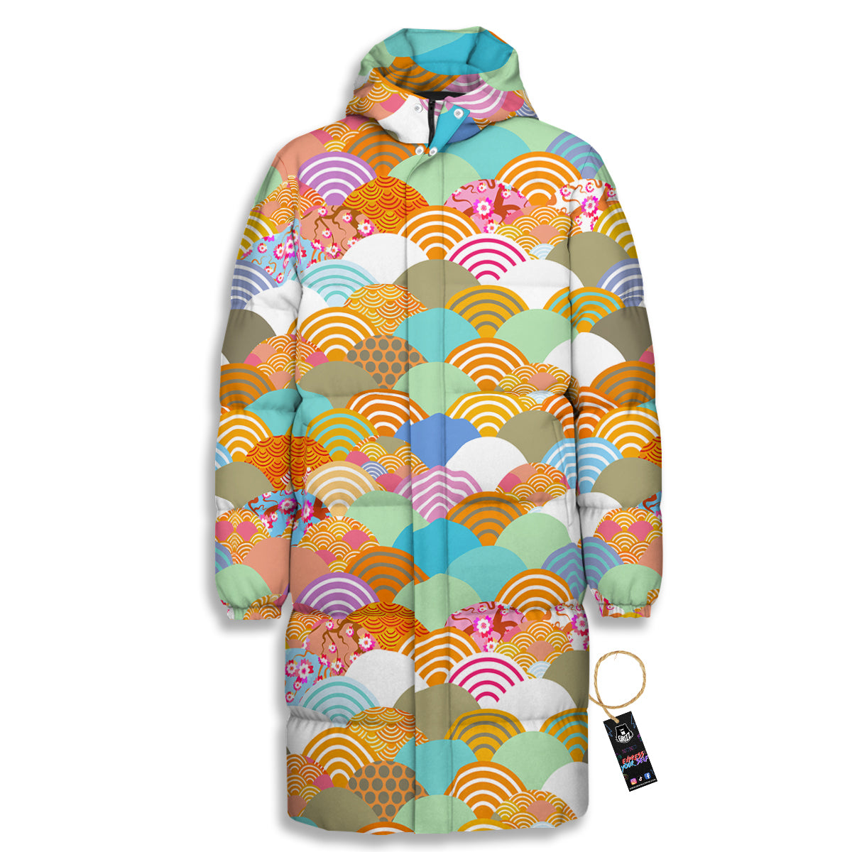 Wave Japanese Flower Colorful Print Pattern Long Down Jacket-grizzshop