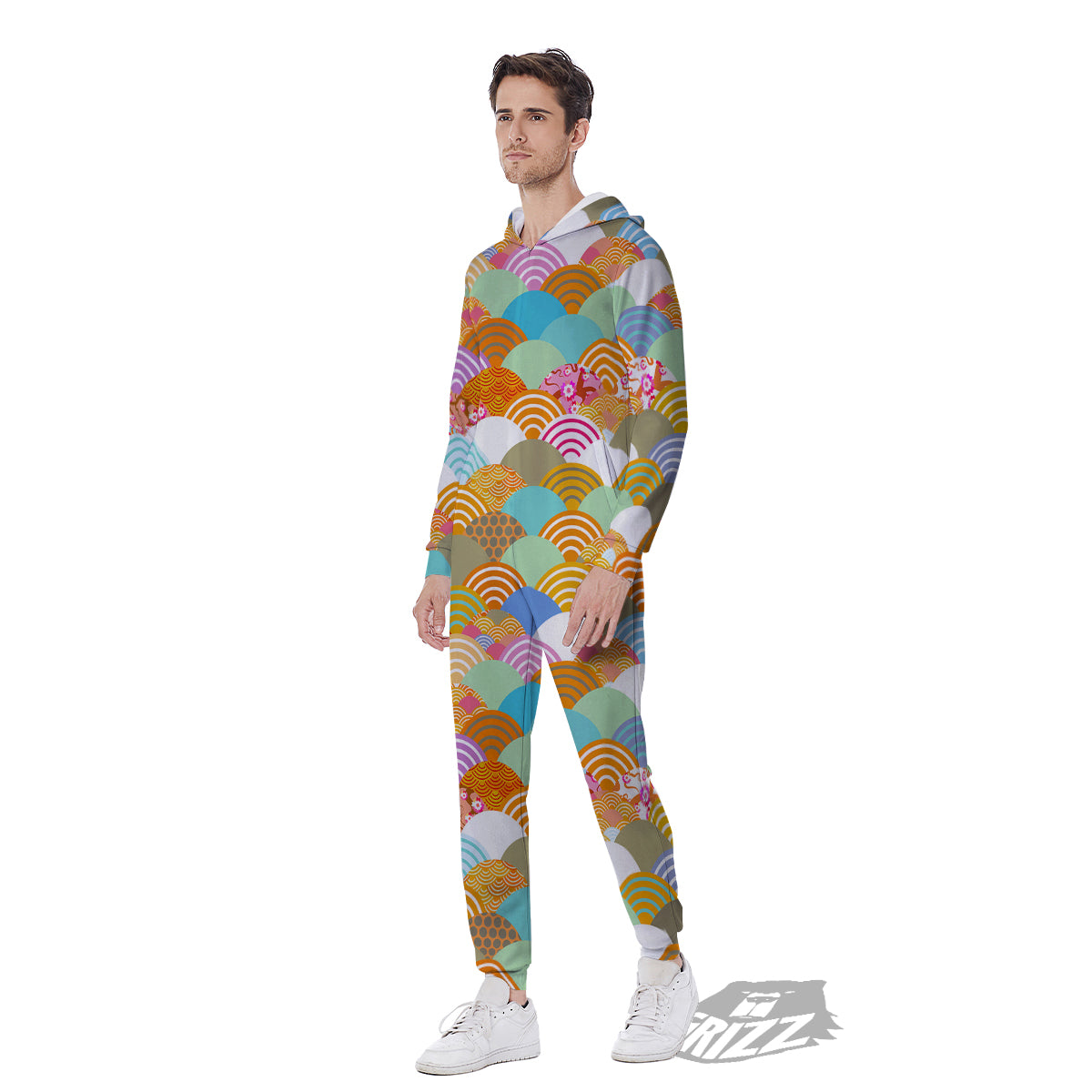 Wave Japanese Flower Colorful Print Pattern Men's Jumpsuit-grizzshop