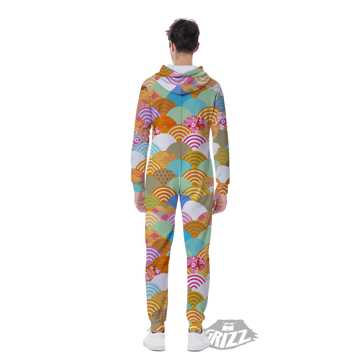 Wave Japanese Flower Colorful Print Pattern Men's Jumpsuit-grizzshop