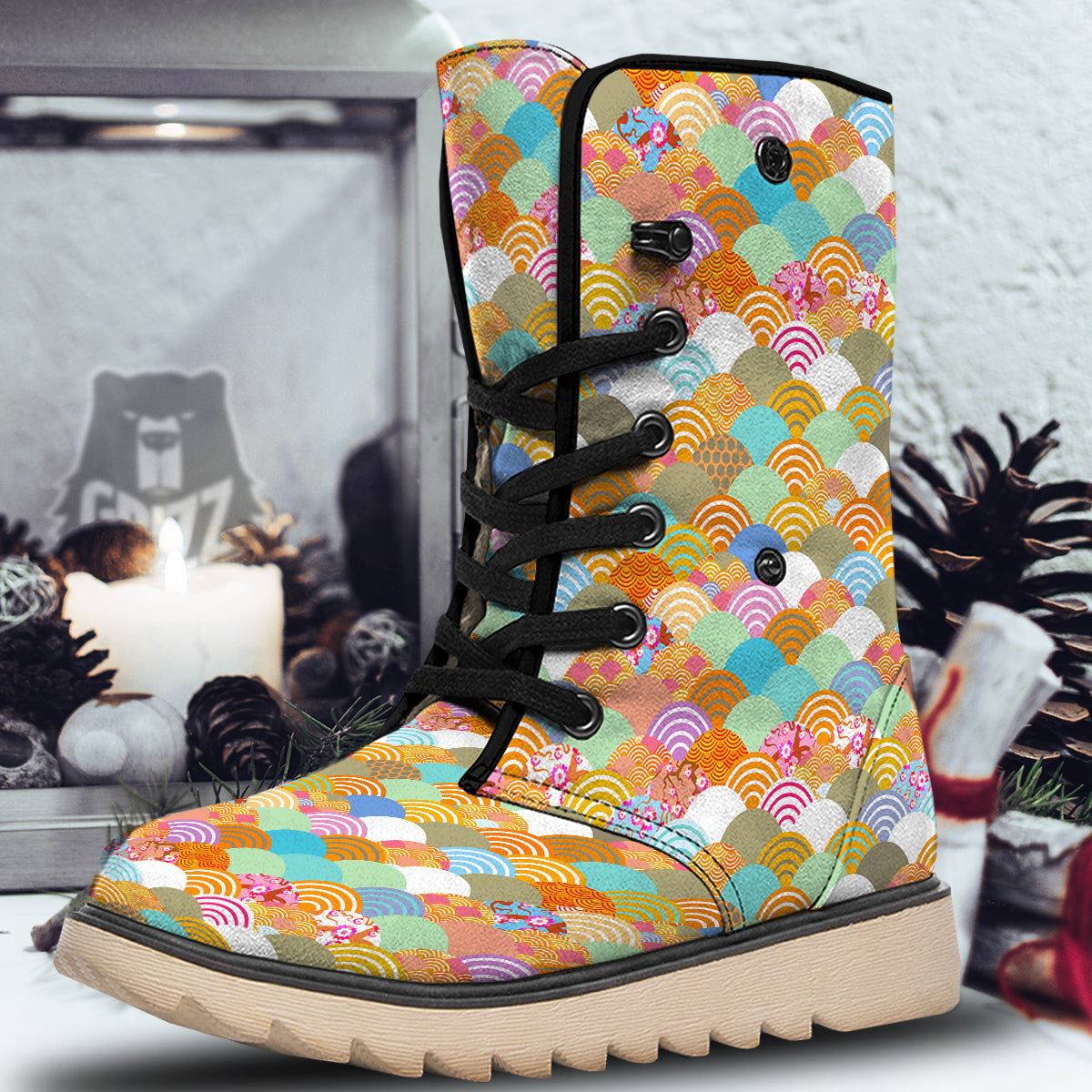 Wave Japanese Flower Colorful Print Pattern Snow Boots-grizzshop