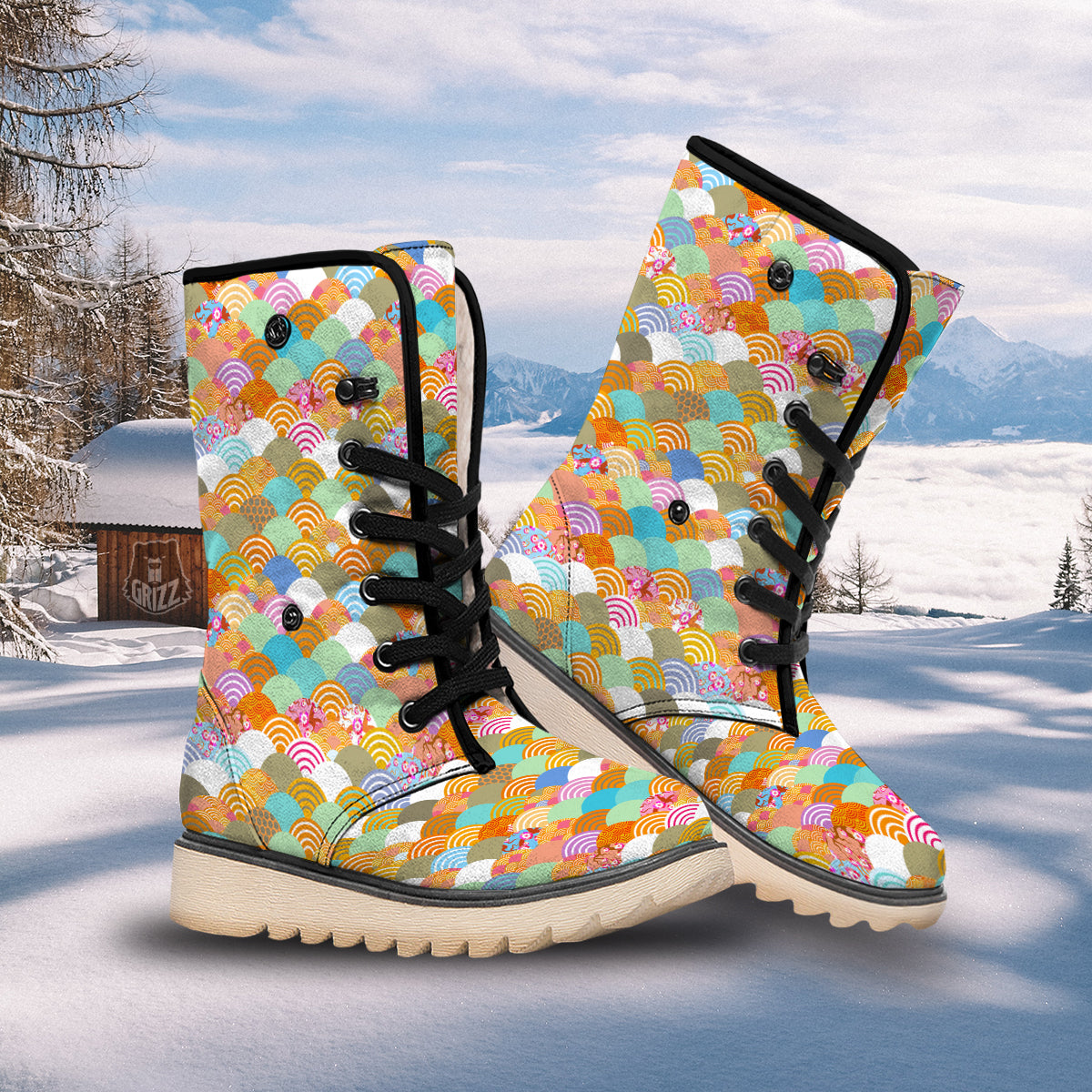Wave Japanese Flower Colorful Print Pattern Snow Boots-grizzshop