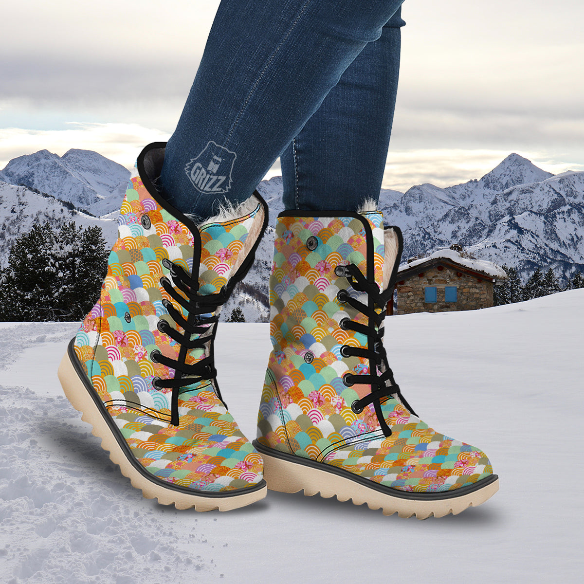 Wave Japanese Flower Colorful Print Pattern Snow Boots-grizzshop