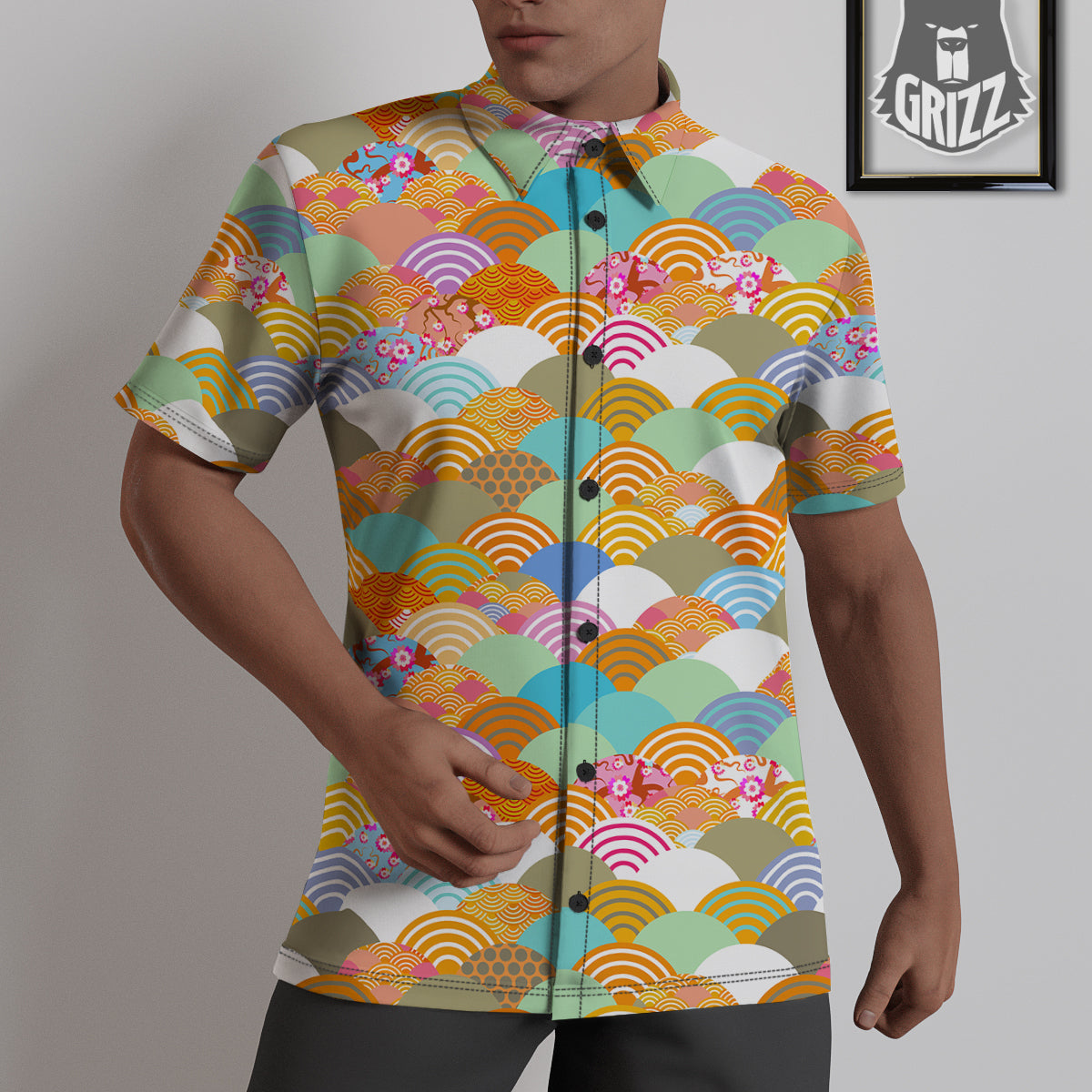 Wave Japanese Flower Colorful Print Pattern Untucked Shirts-grizzshop
