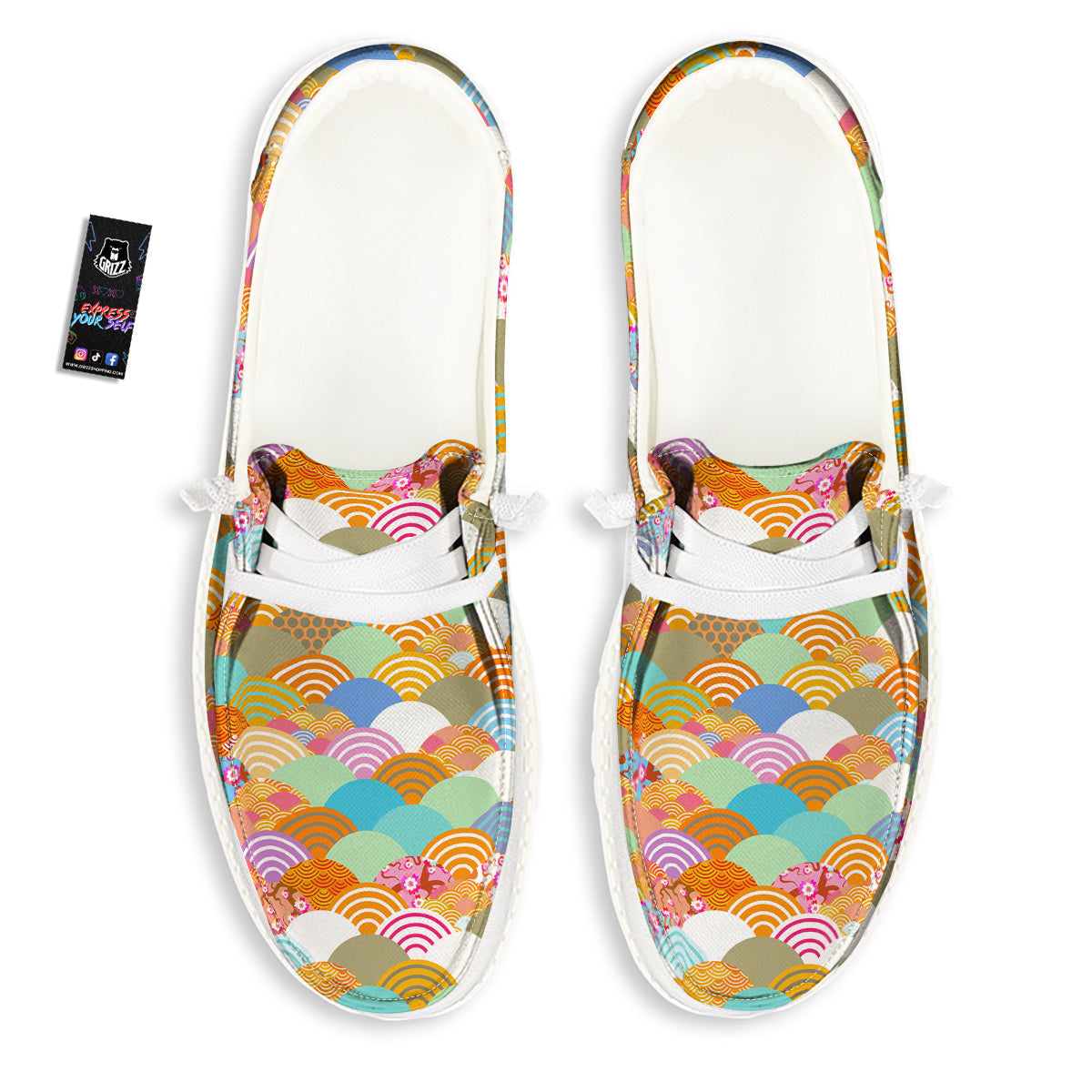 Wave Japanese Flower Colorful Print Pattern White Loafers-grizzshop