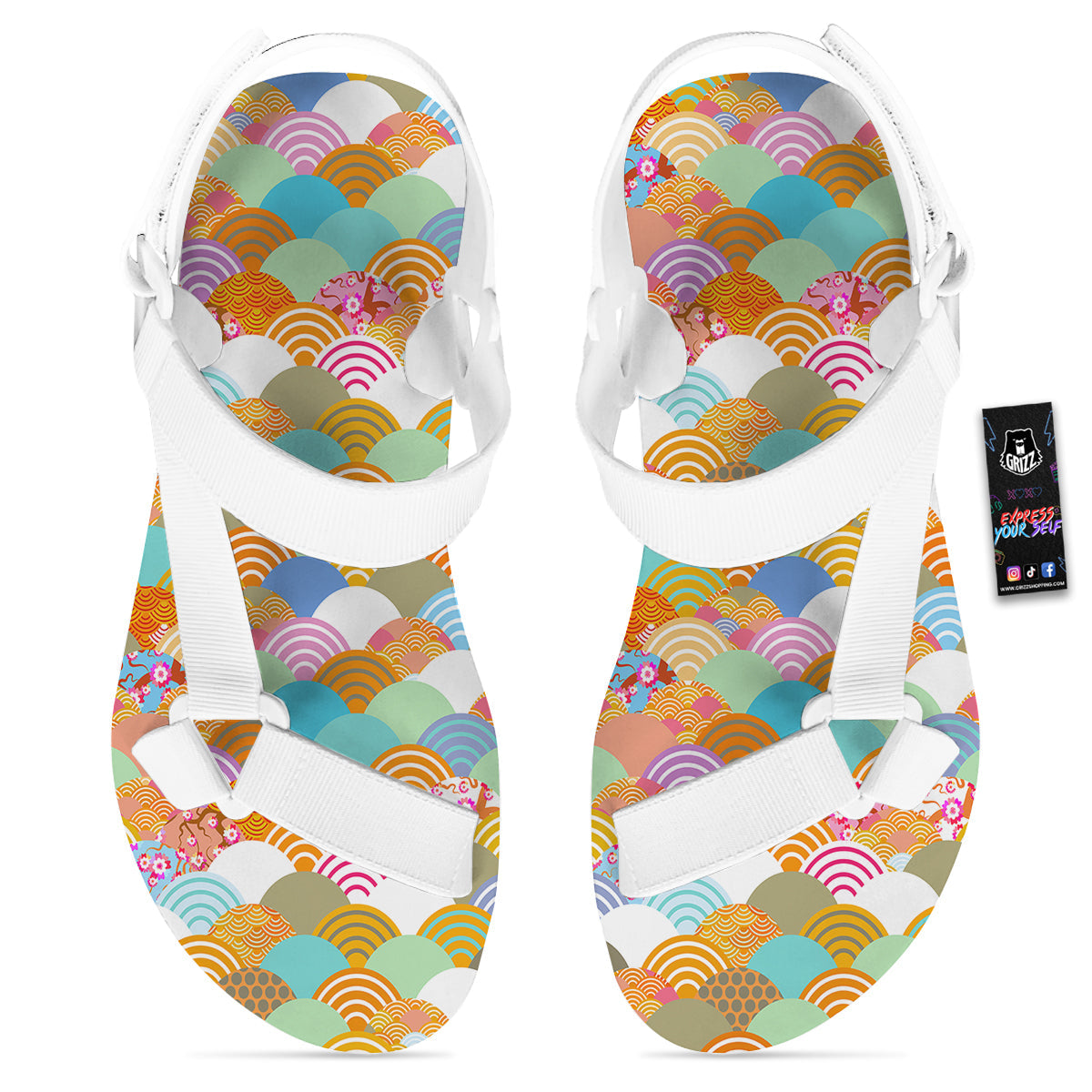 Wave Japanese Flower Colorful Print Pattern White Open Toe Sandals-grizzshop