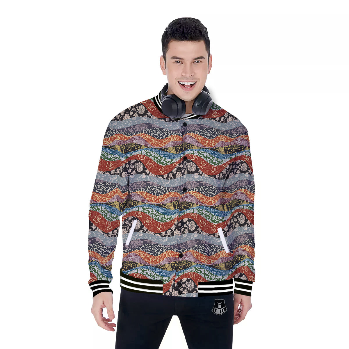 Wave Japanese Patchwork Print Pattern Baseball Jacket-grizzshop