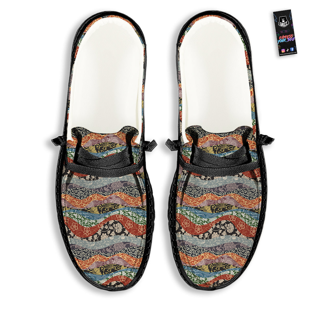 Wave Japanese Patchwork Print Pattern Black Loafers-grizzshop