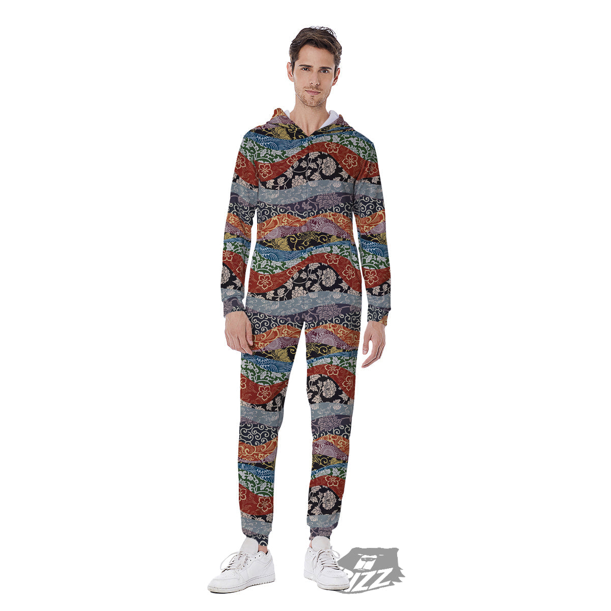Wave Japanese Patchwork Print Pattern Men's Jumpsuit-grizzshop