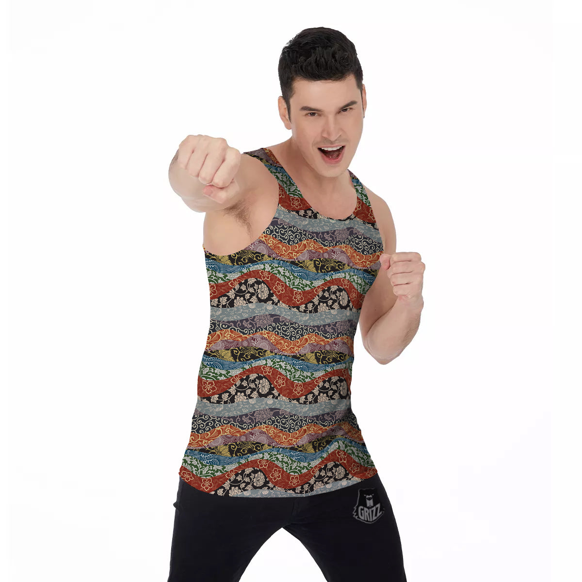Wave Japanese Patchwork Print Pattern Men's Tank Top-grizzshop