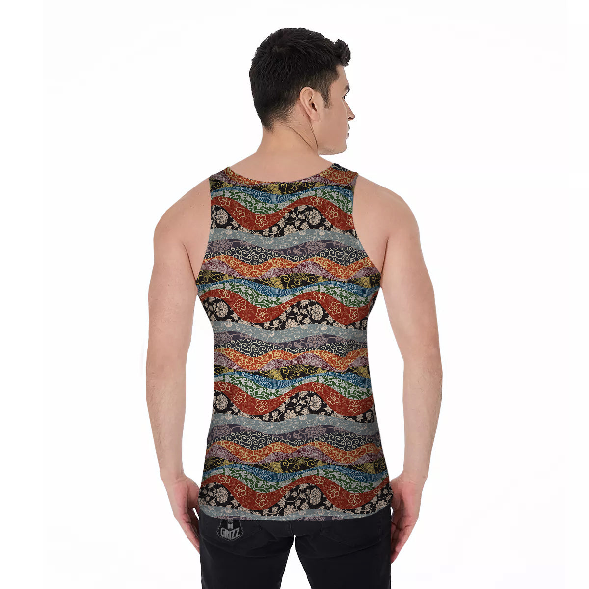 Wave Japanese Patchwork Print Pattern Men's Tank Top-grizzshop