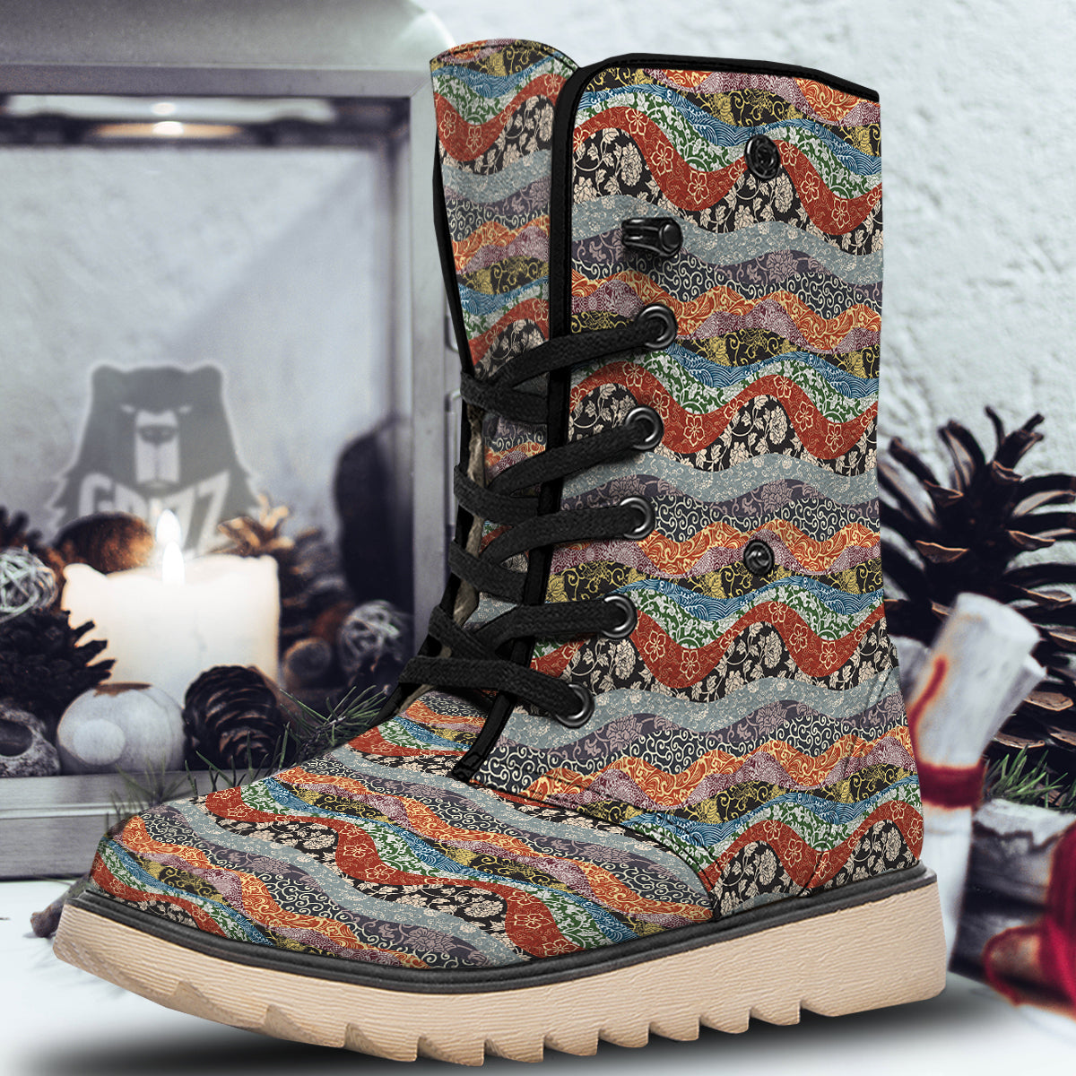 Wave Japanese Patchwork Print Pattern Snow Boots-grizzshop