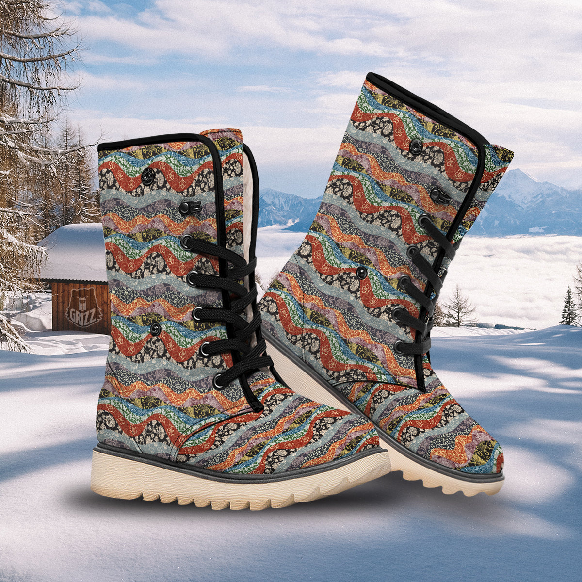 Wave Japanese Patchwork Print Pattern Snow Boots-grizzshop