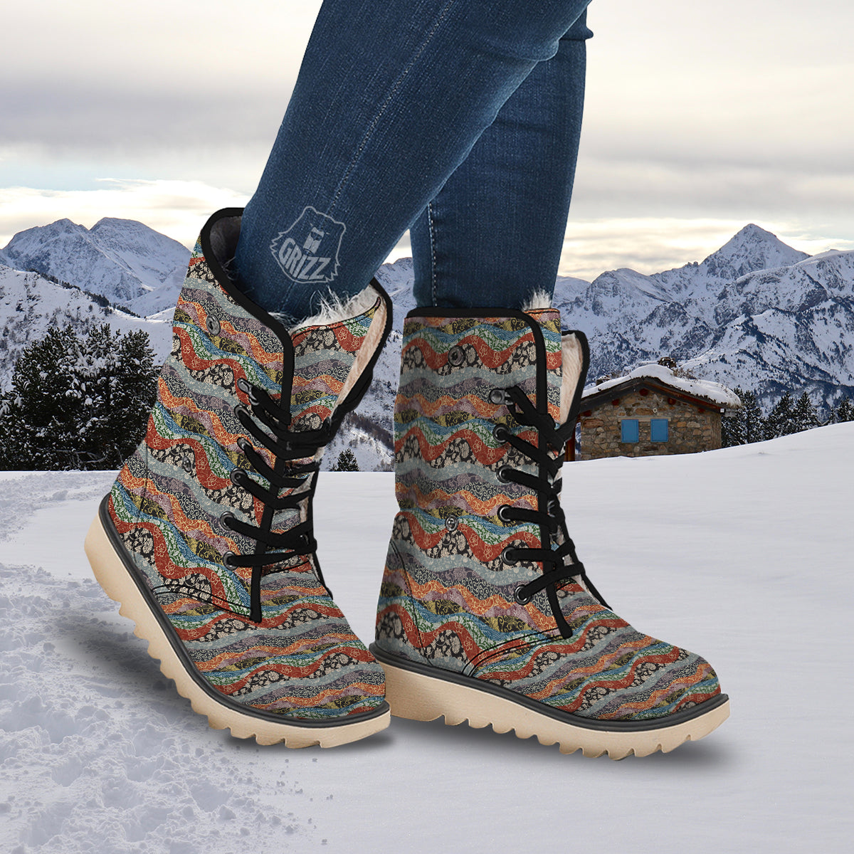 Wave Japanese Patchwork Print Pattern Snow Boots-grizzshop