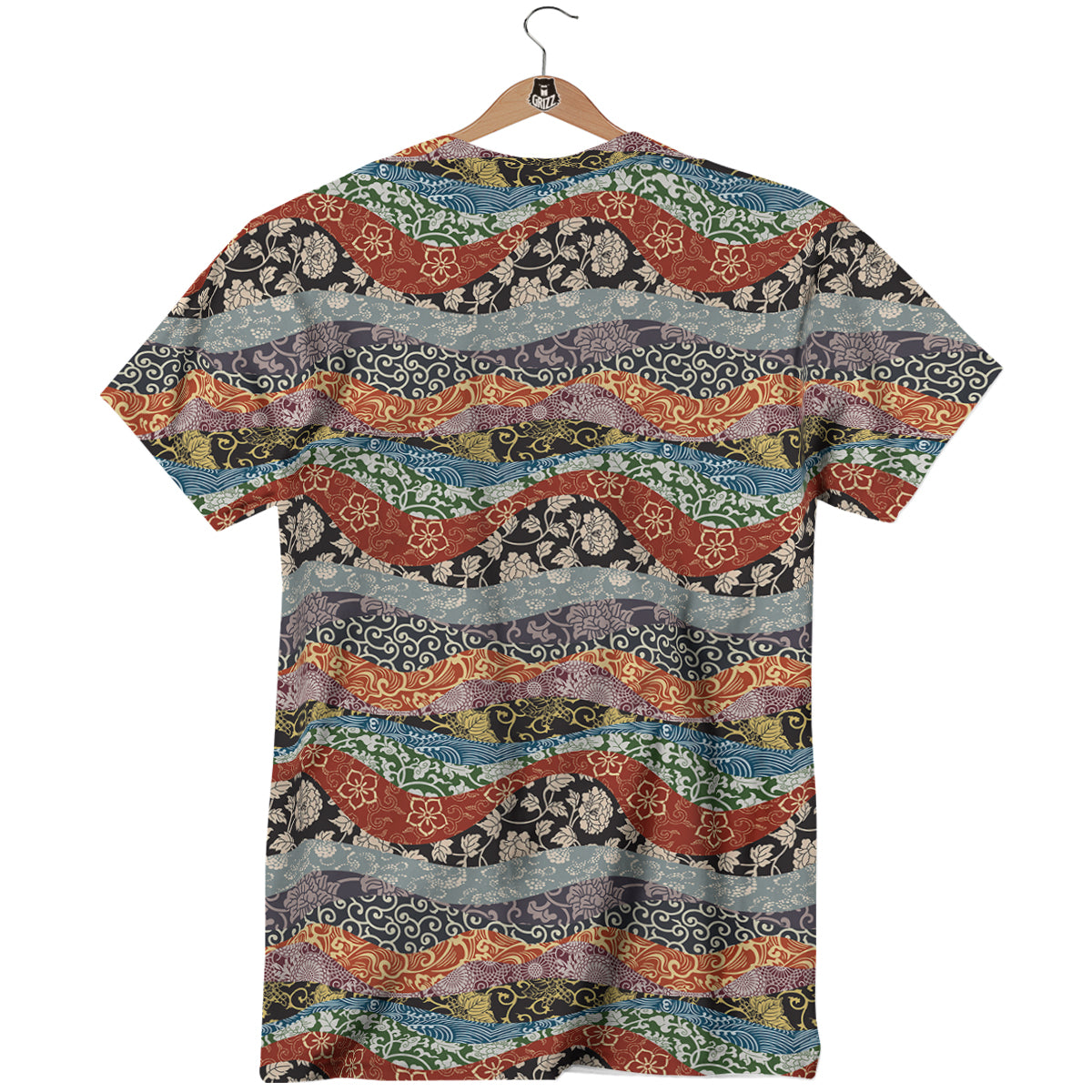 Wave Japanese Patchwork Print Pattern T-Shirt-grizzshop