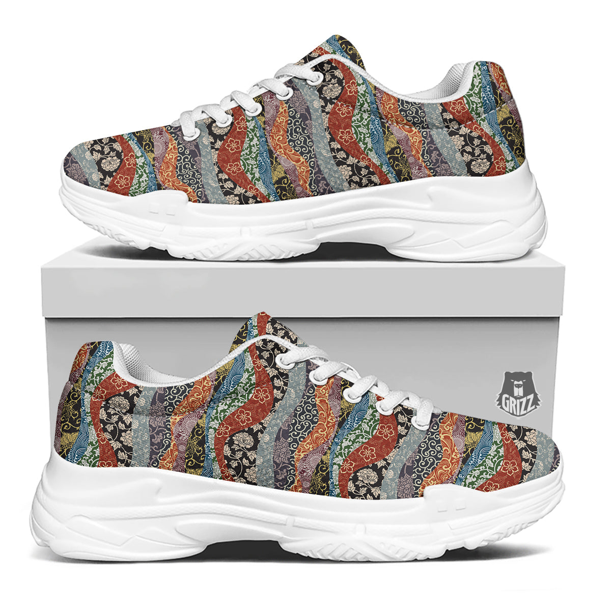 Wave Japanese Patchwork Print Pattern White Chunky Shoes-grizzshop