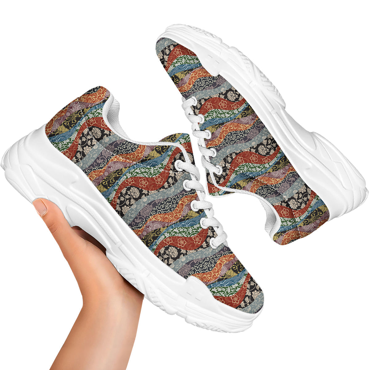 Wave Japanese Patchwork Print Pattern White Chunky Shoes-grizzshop