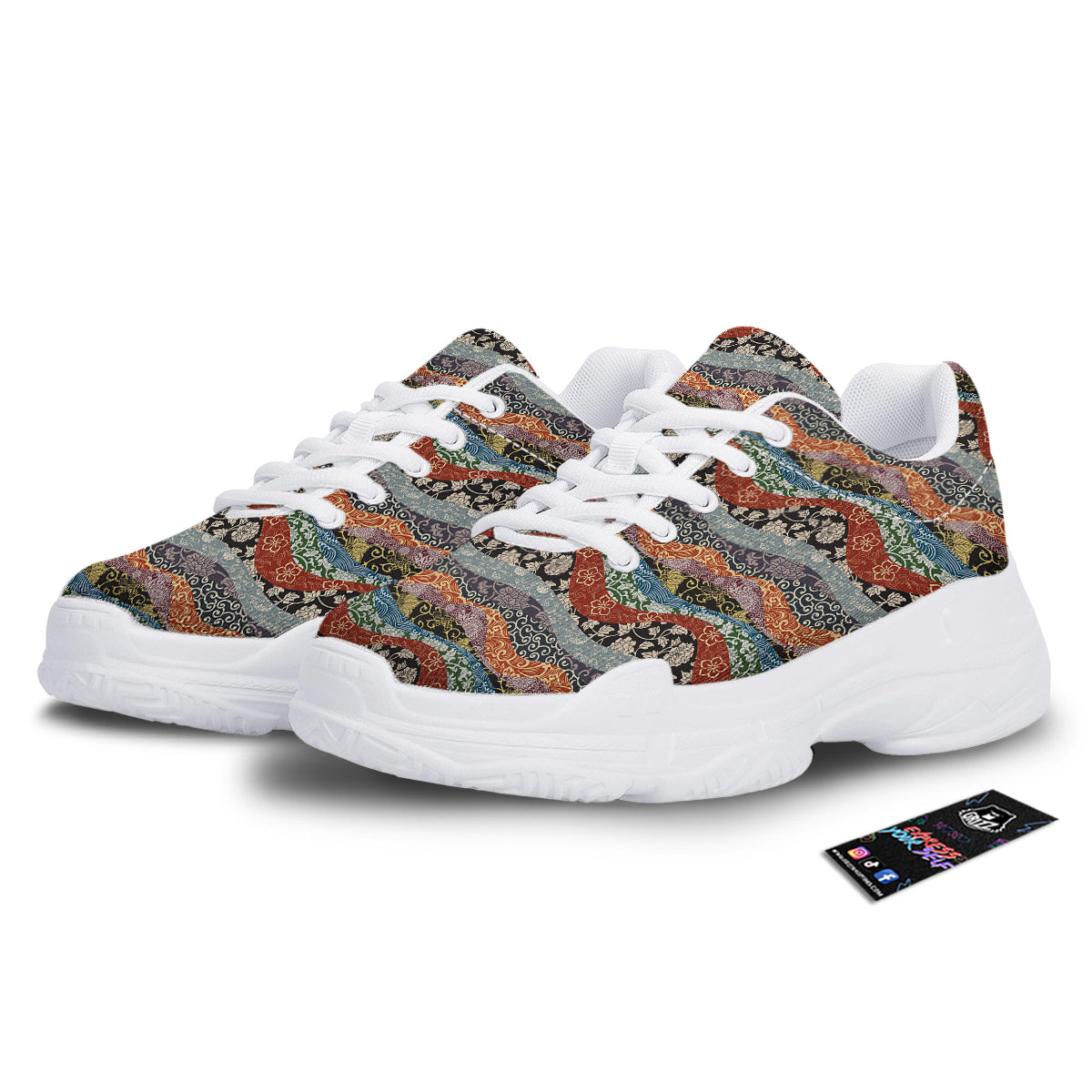 Wave Japanese Patchwork Print Pattern White Chunky Shoes-grizzshop