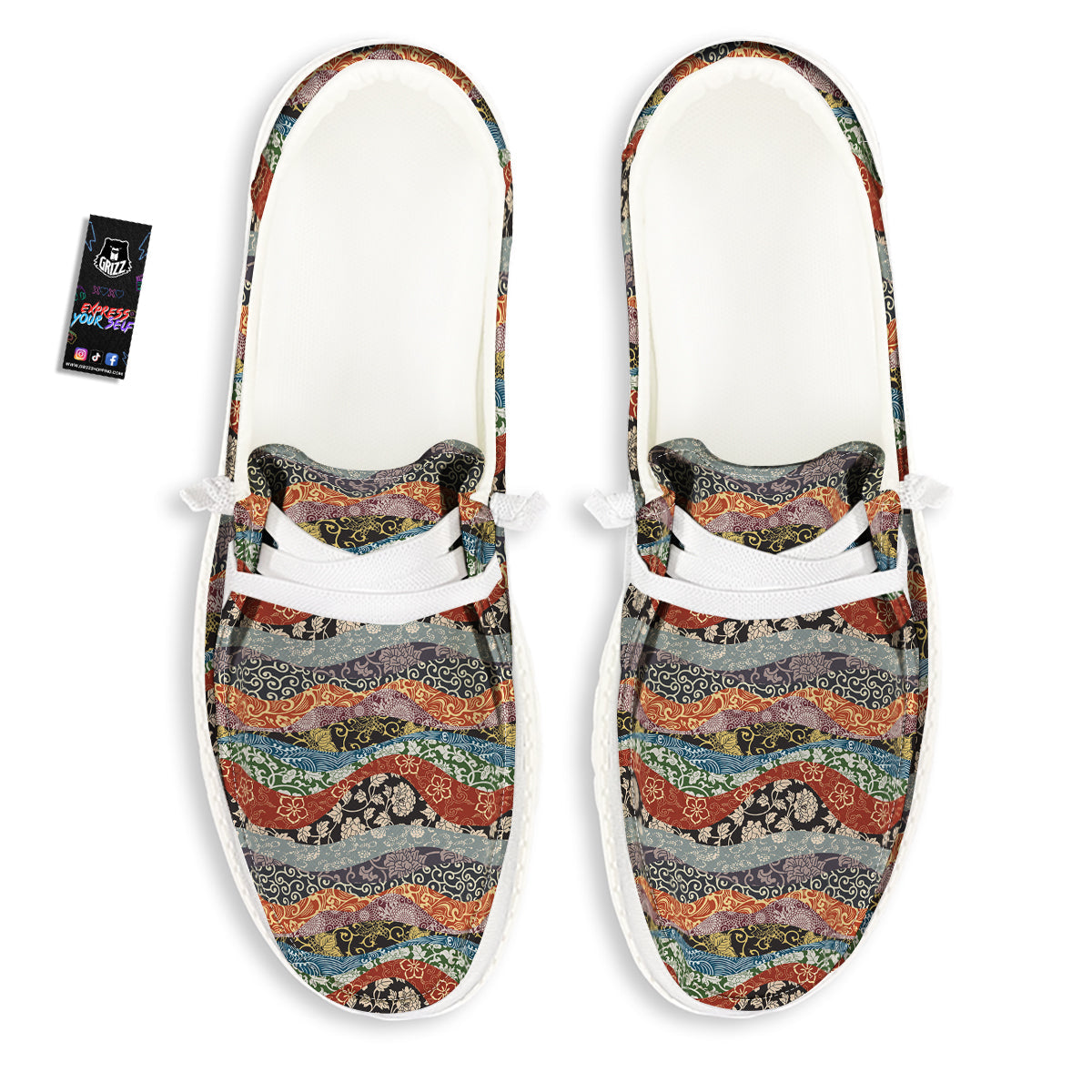 Wave Japanese Patchwork Print Pattern White Loafers-grizzshop