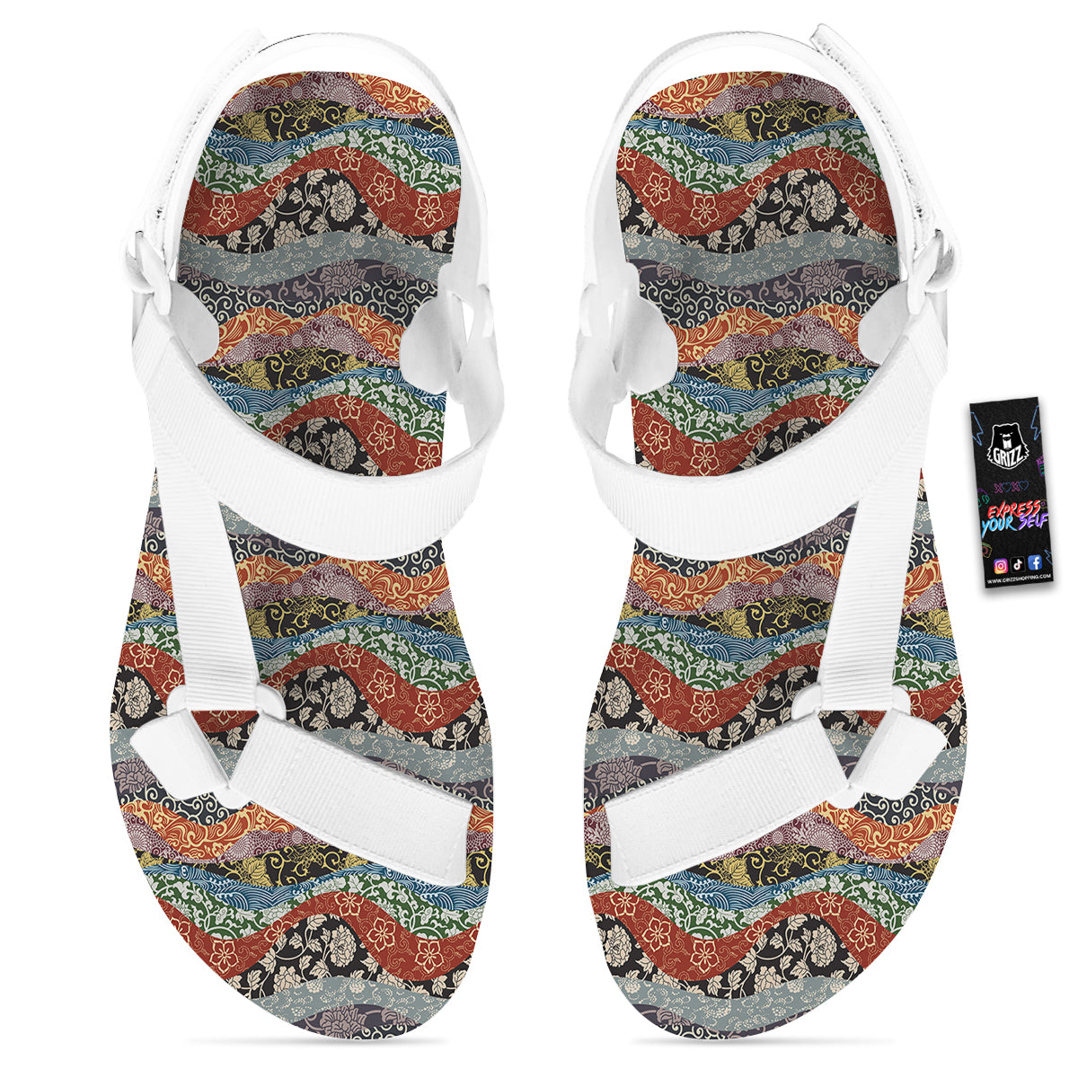 Wave Japanese Patchwork Print Pattern White Open Toe Sandals-grizzshop