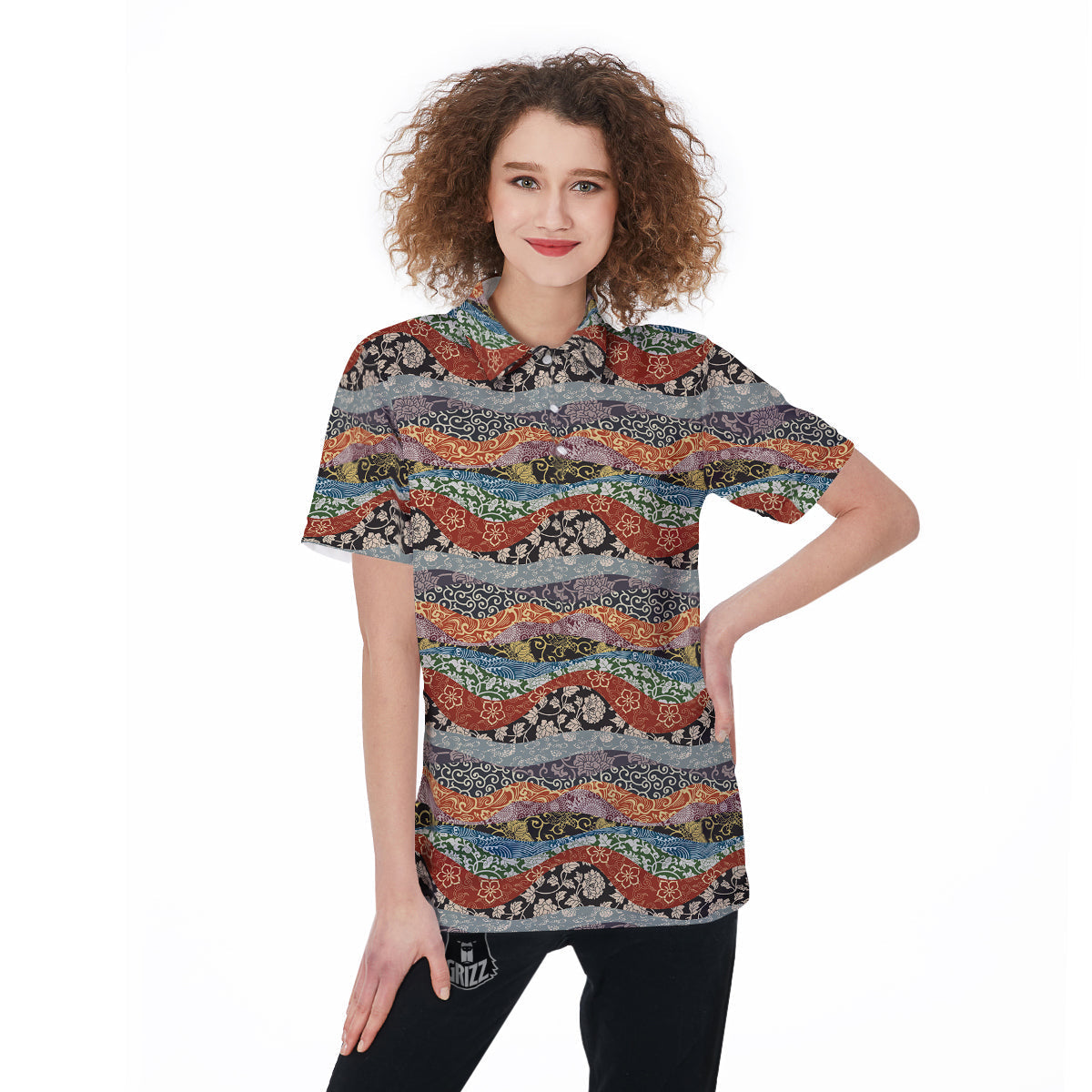Wave Japanese Patchwork Print Pattern Women's Golf Shirts-grizzshop