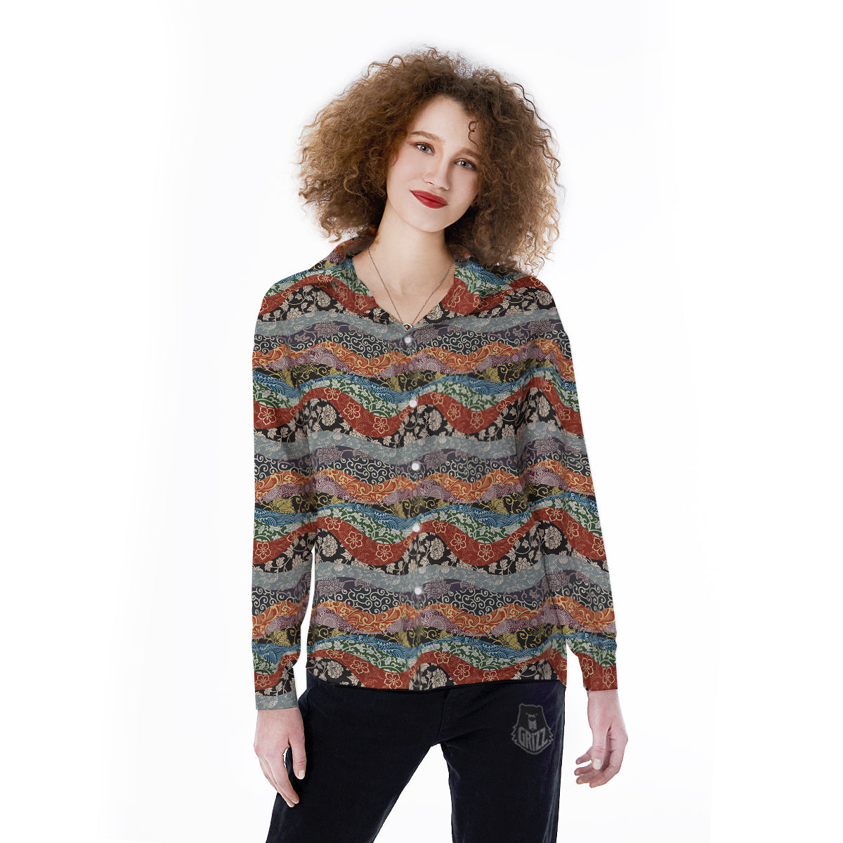 Wave Japanese Patchwork Print Pattern Women's Long Sleeve Shirts-grizzshop