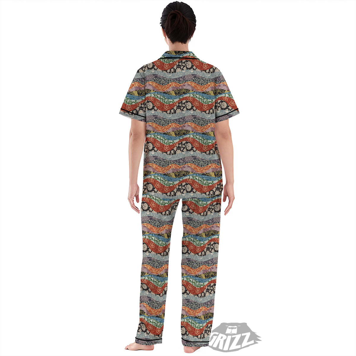 Wave Japanese Patchwork Print Pattern Women's Pajamas Set-grizzshop