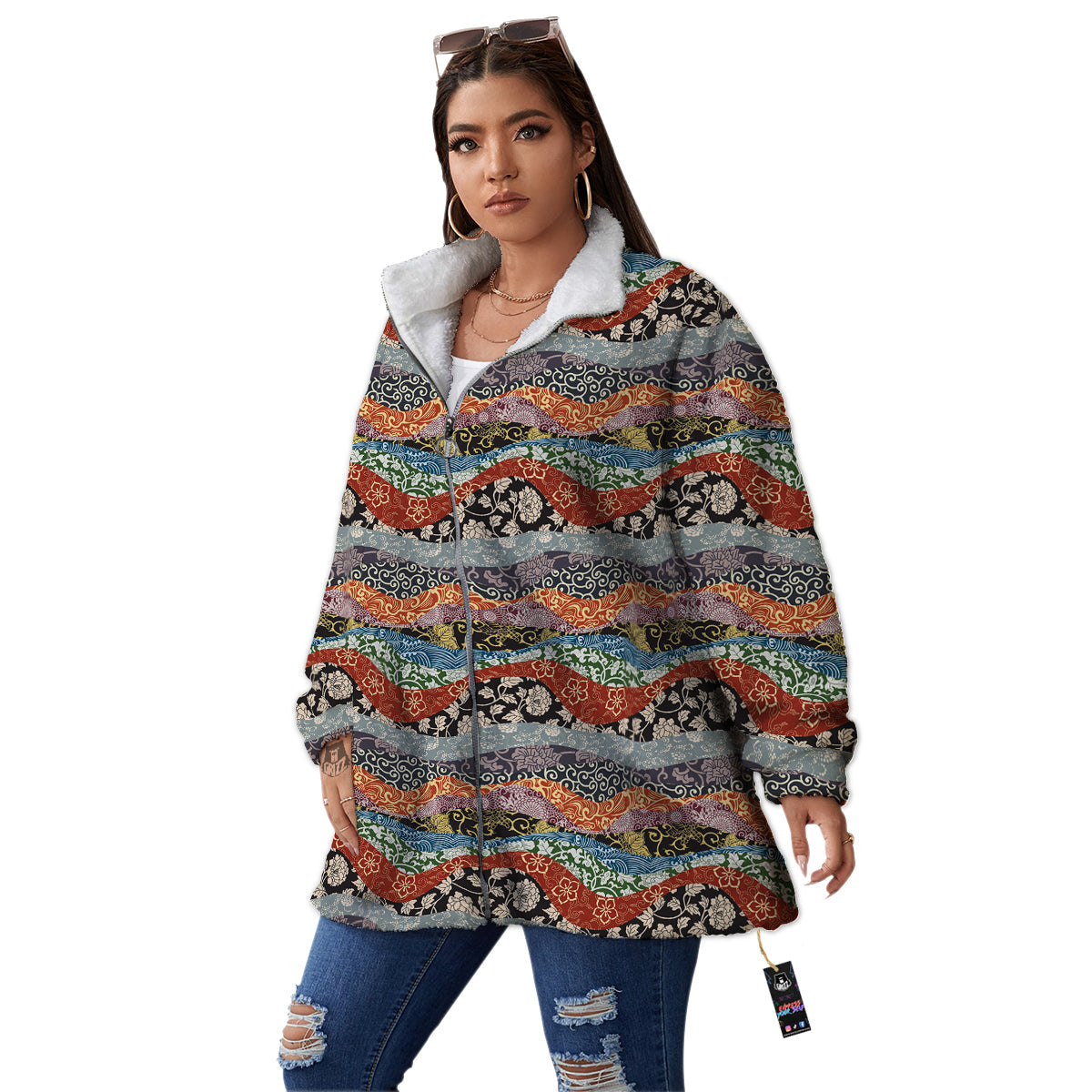 Wave Japanese Patchwork Print Pattern Women's Sherpa Jacket-grizzshop