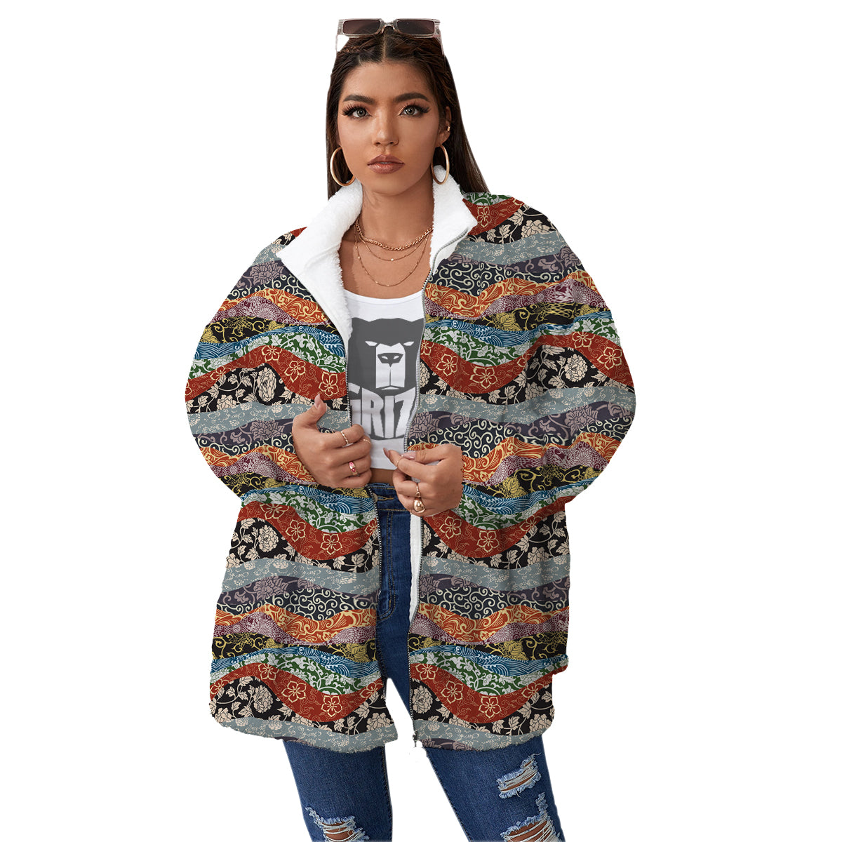 Wave Japanese Patchwork Print Pattern Women's Sherpa Jacket-grizzshop
