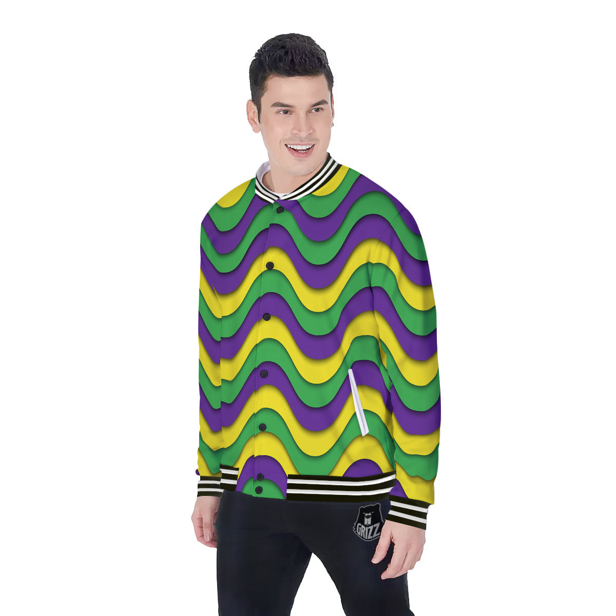 Wave Mardi Gras Print Pattern Baseball Jacket-grizzshop