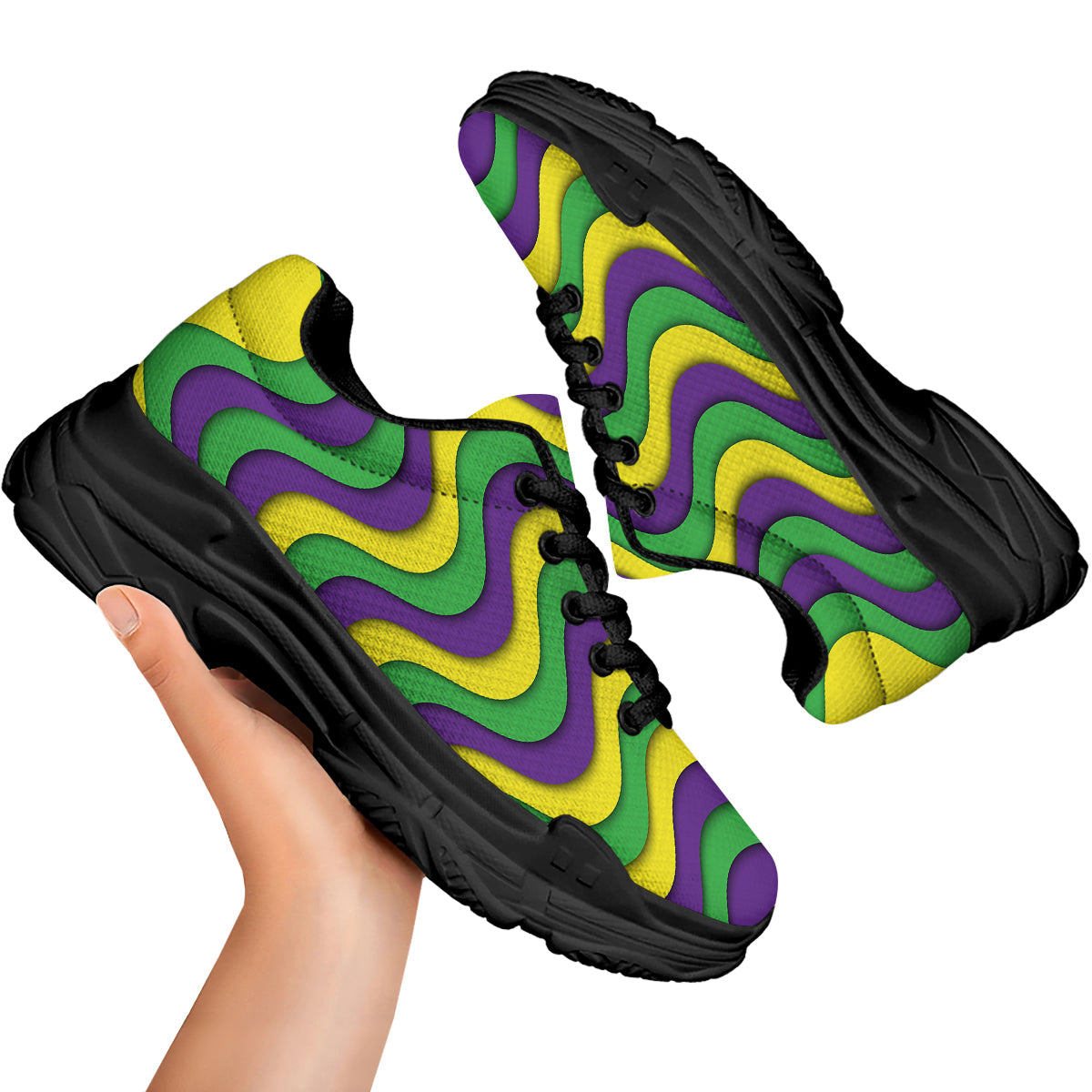 Wave Mardi Gras Print Pattern Black Chunky Shoes-grizzshop