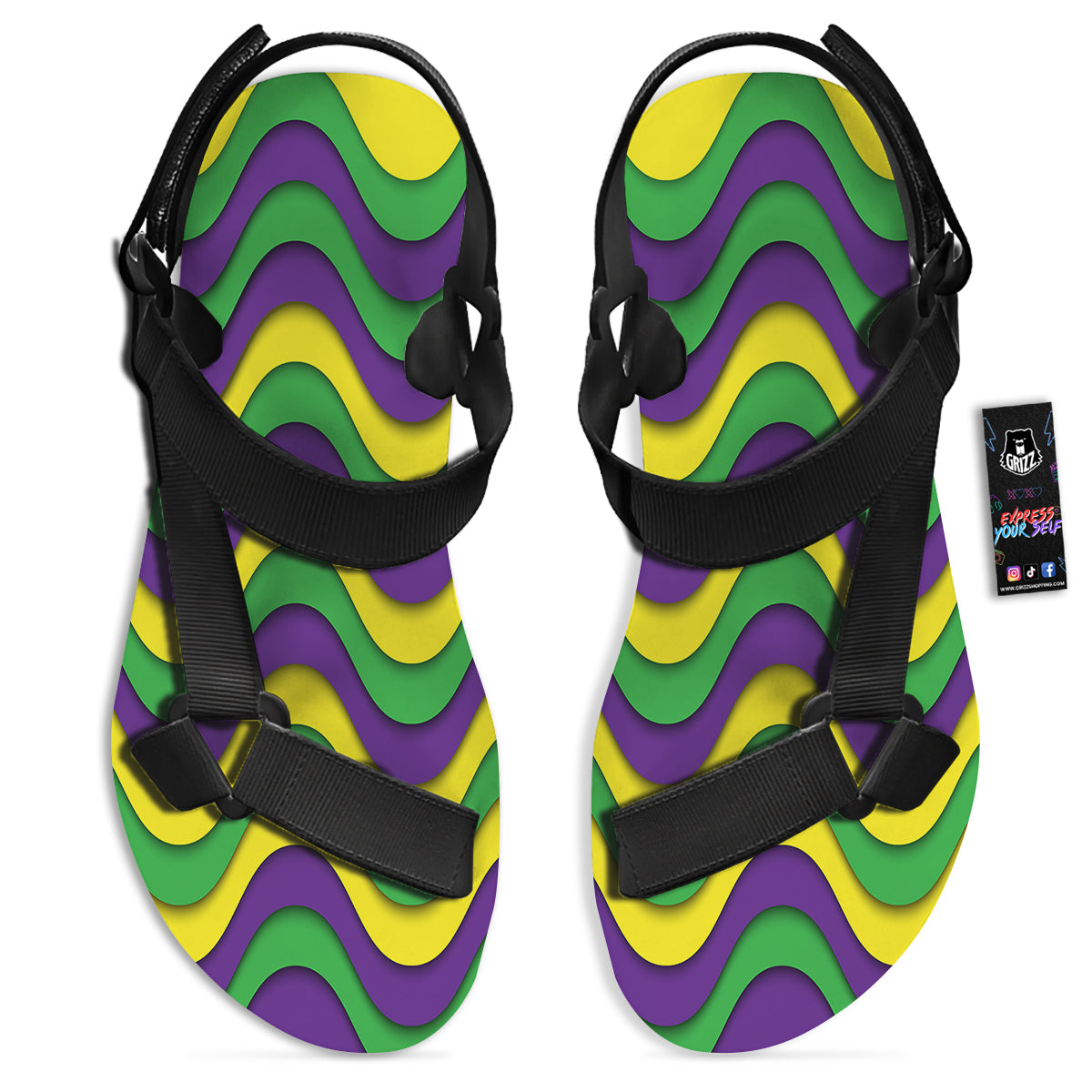 Wave Mardi Gras Print Pattern Black Open Toe Sandals-grizzshop