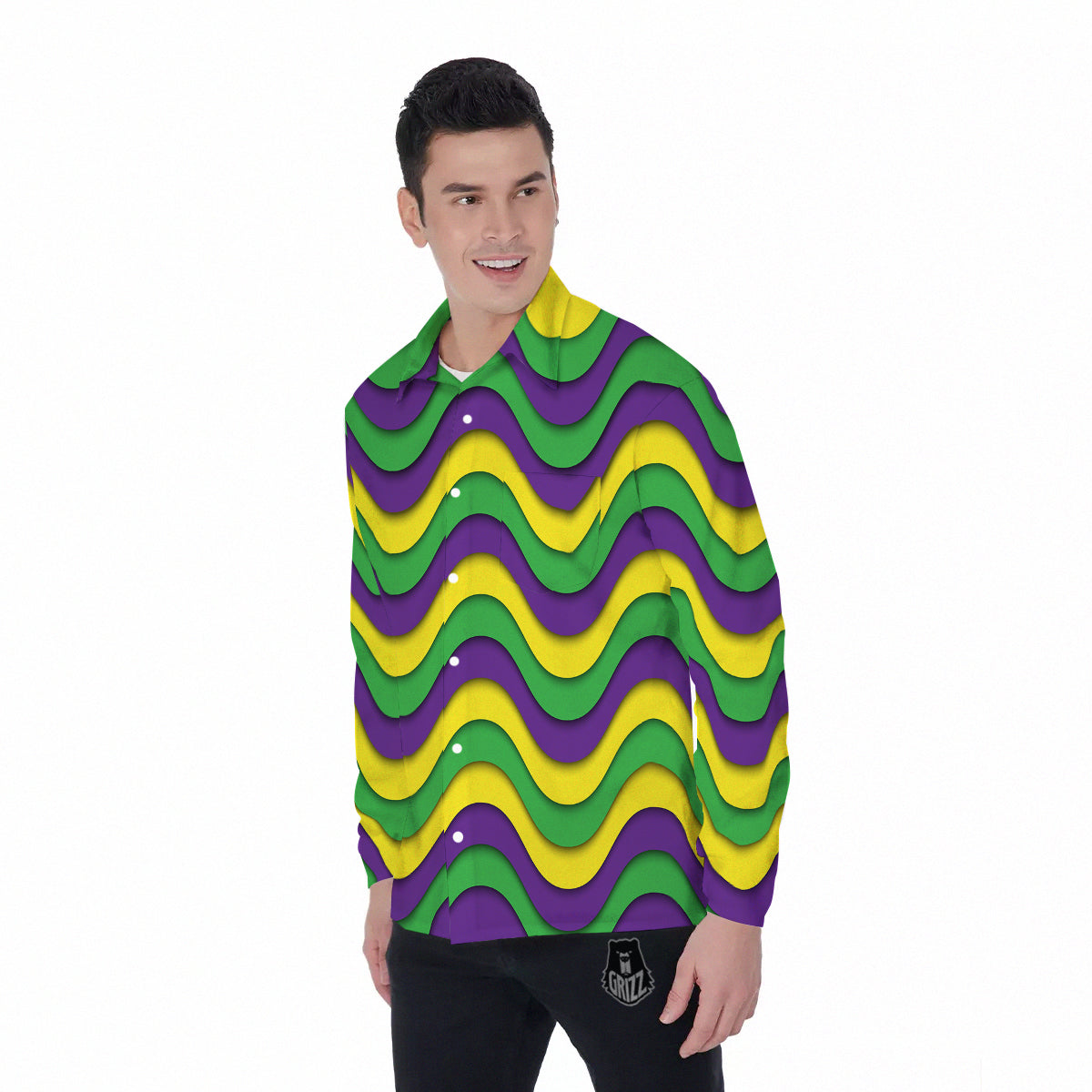 Wave Mardi Gras Print Pattern Men's Long Sleeve Shirts-grizzshop