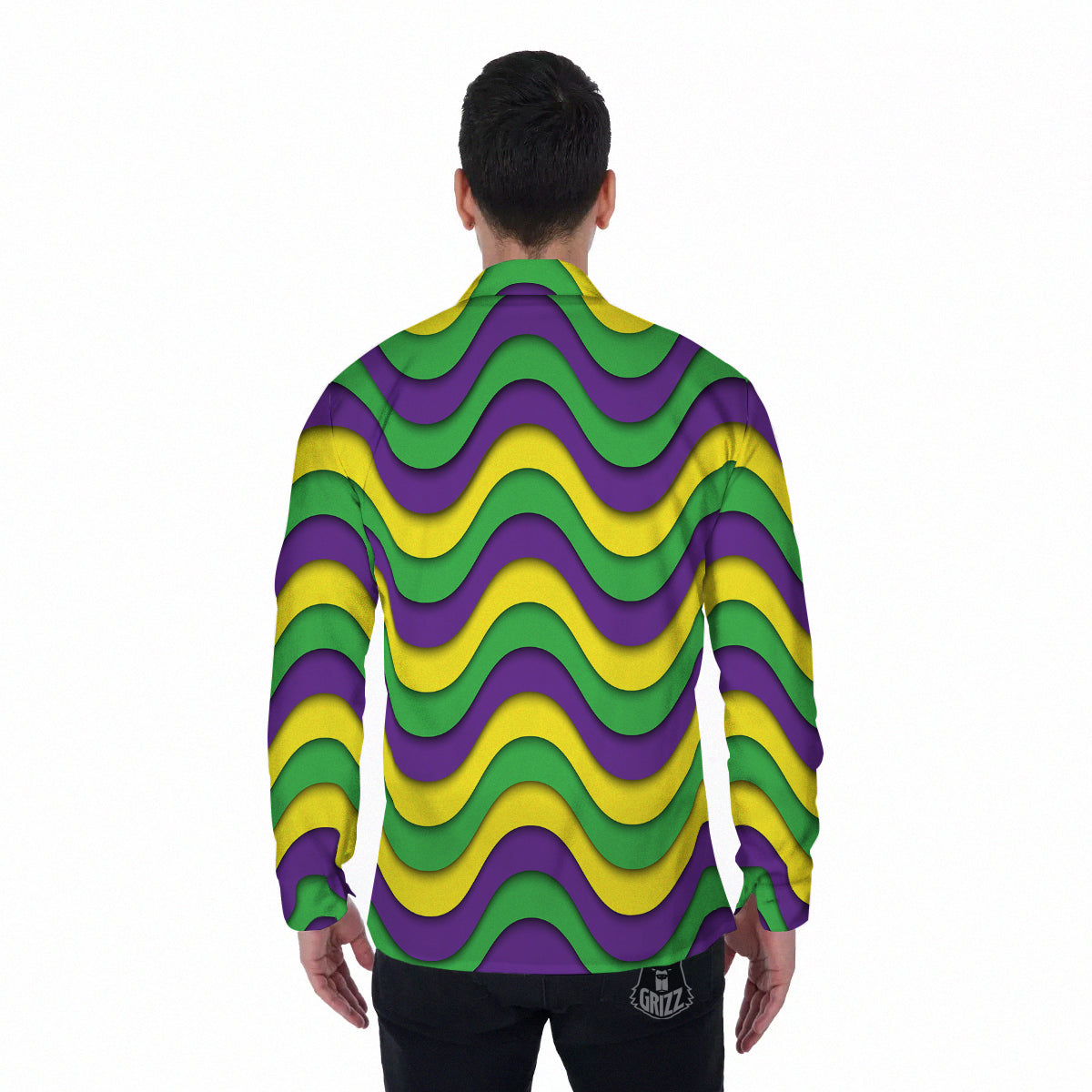 Wave Mardi Gras Print Pattern Men's Long Sleeve Shirts-grizzshop