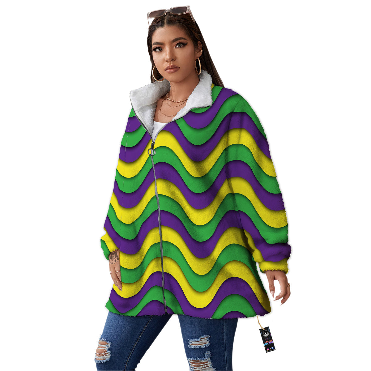 Wave Mardi Gras Print Pattern Women's Sherpa Jacket-grizzshop