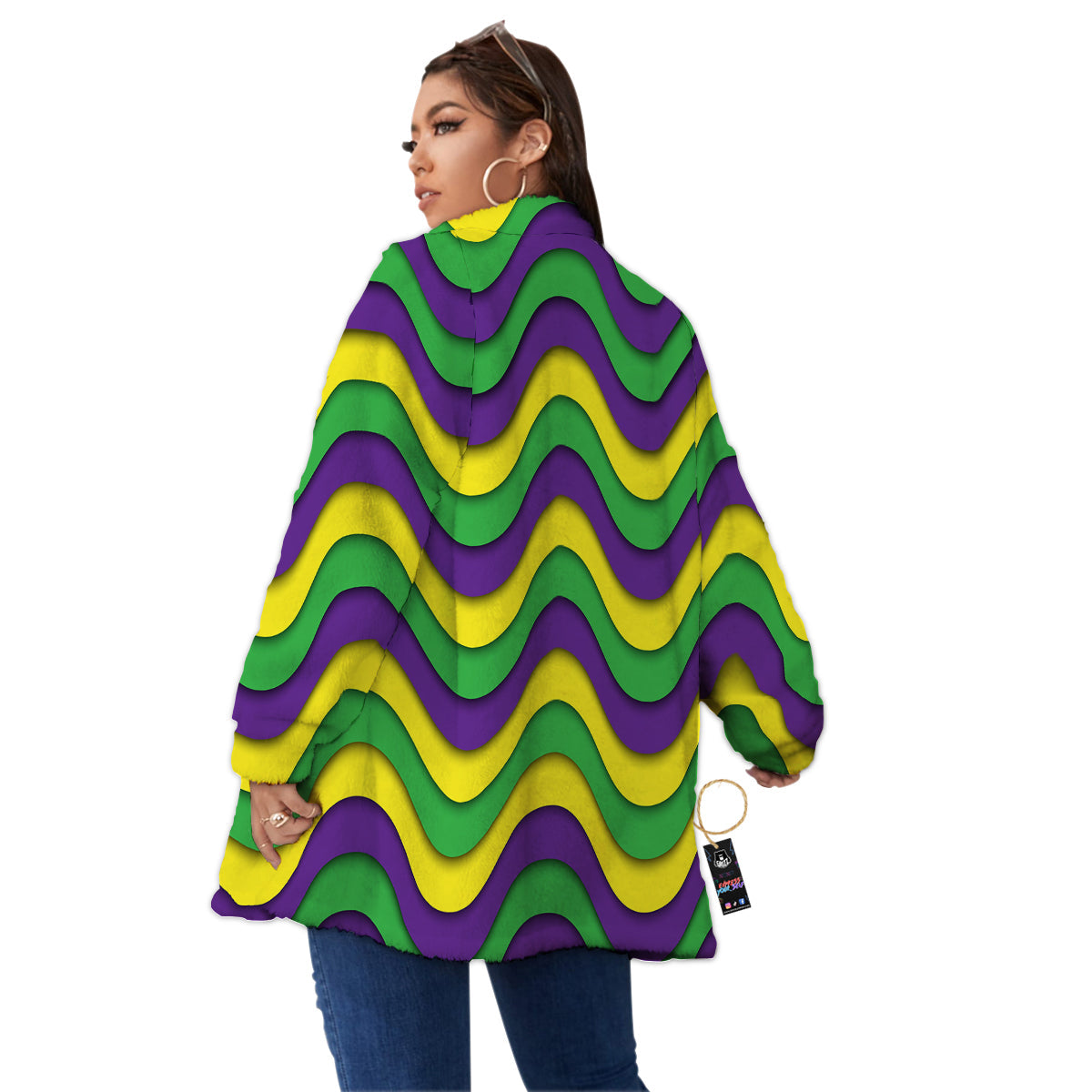 Wave Mardi Gras Print Pattern Women's Sherpa Jacket-grizzshop