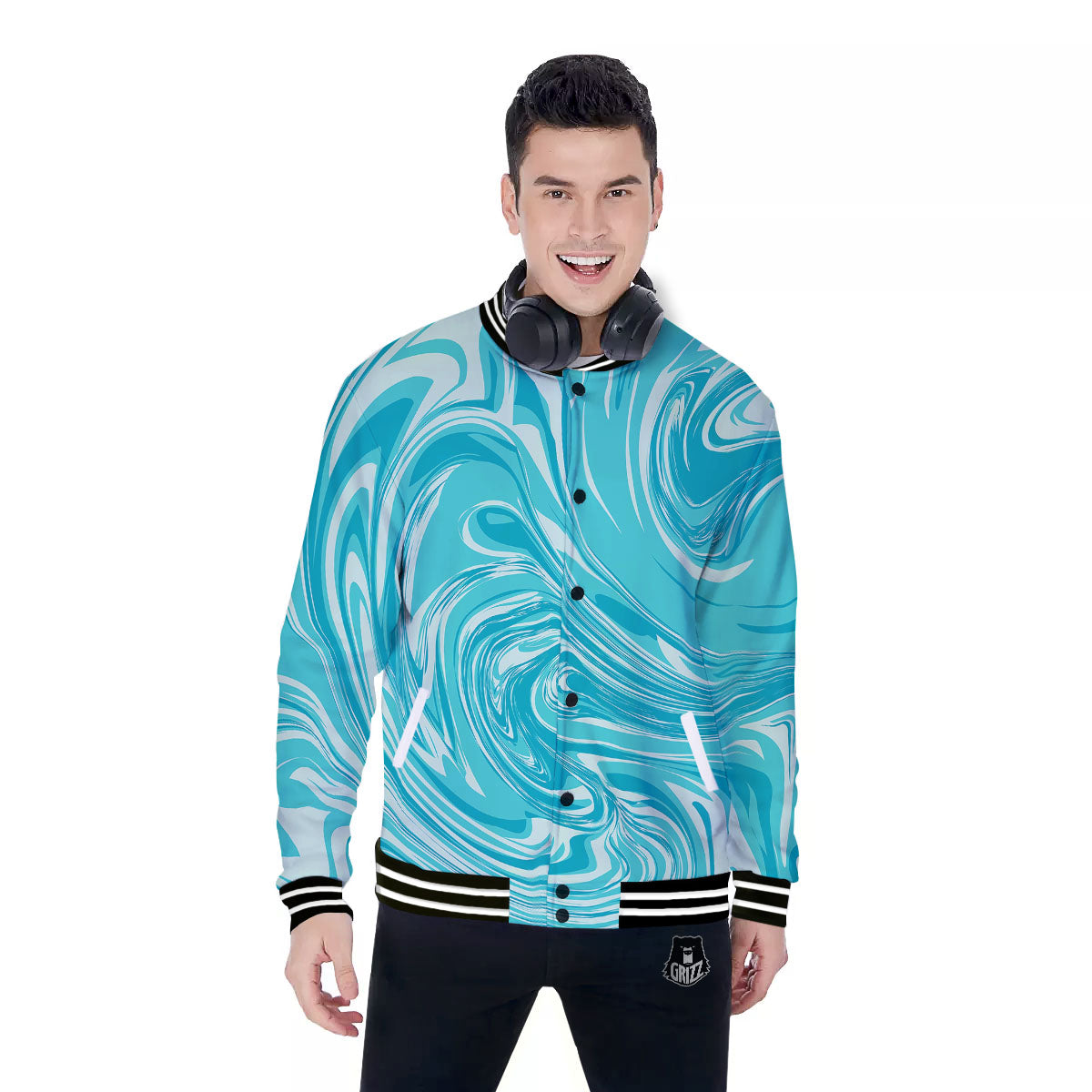 Wave Psychedelic Print Pattern Baseball Jacket-grizzshop