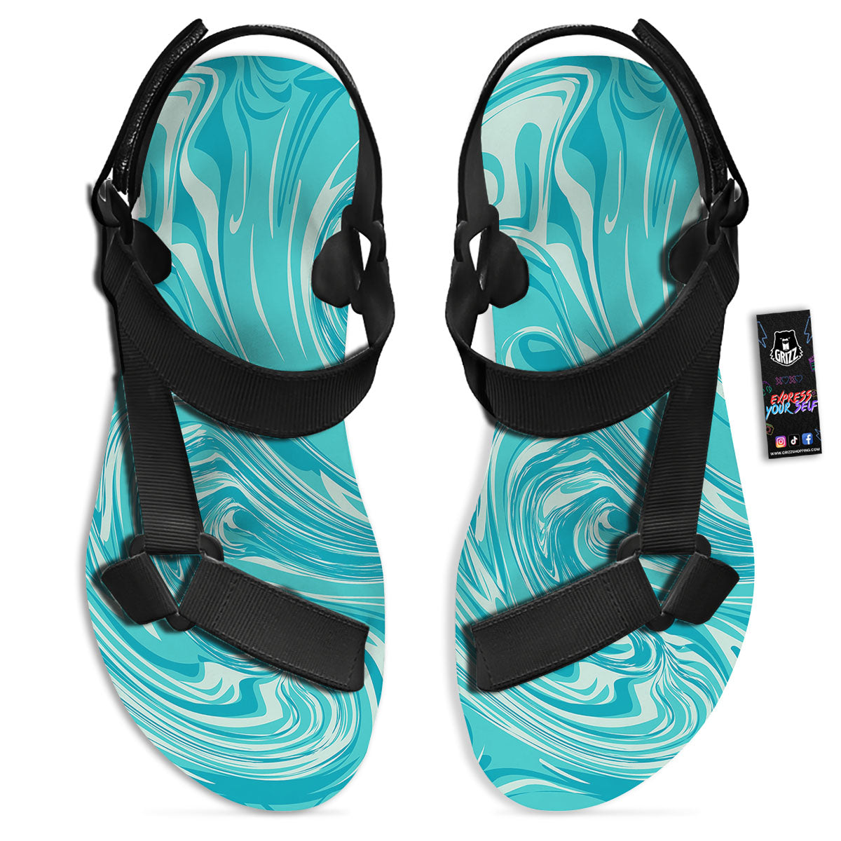 Wave Psychedelic Print Pattern Black Open Toe Sandals-grizzshop