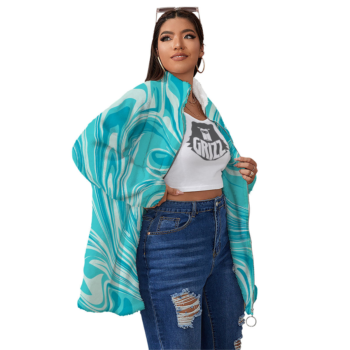 Wave Psychedelic Print Pattern Women's Sherpa Jacket-grizzshop