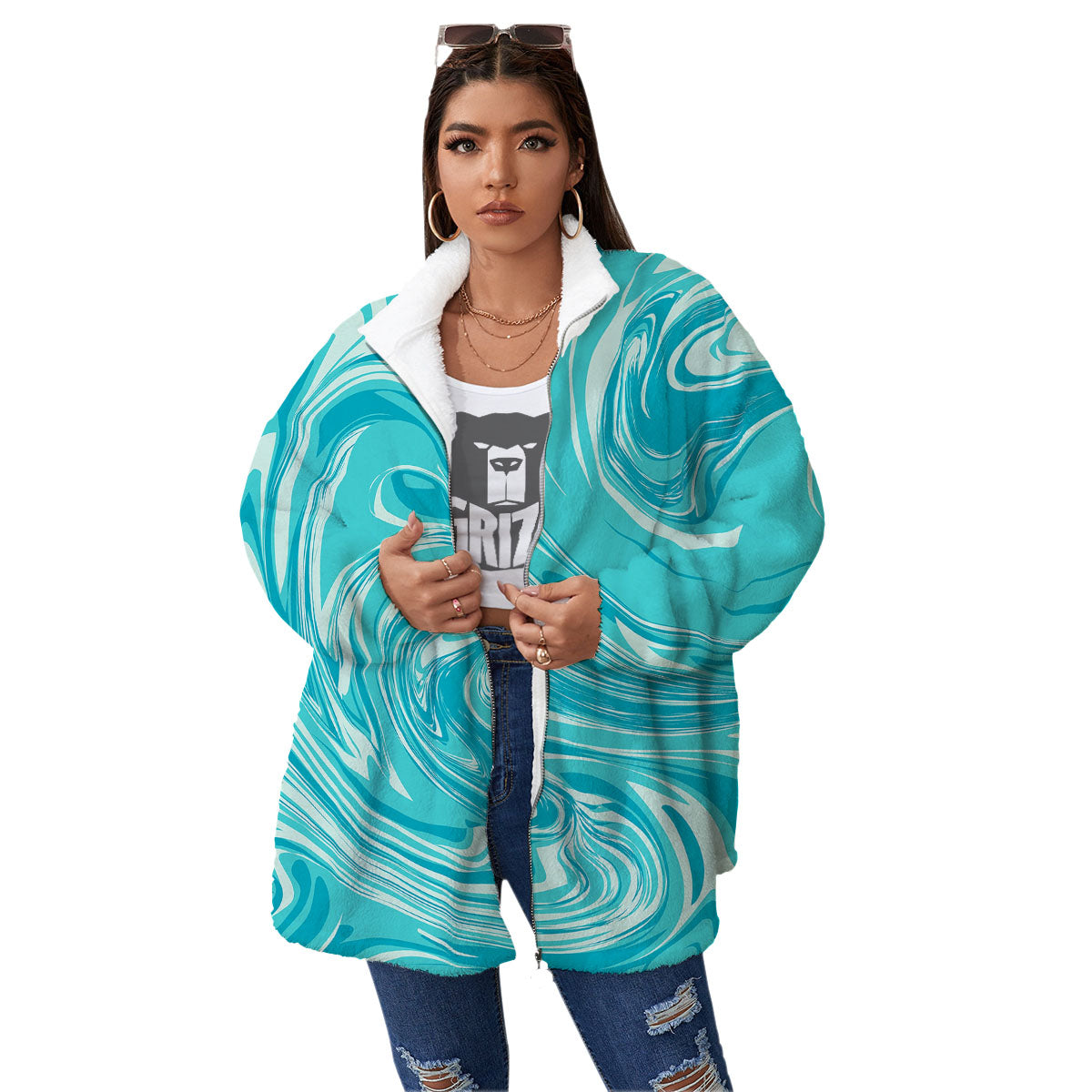 Wave Psychedelic Print Pattern Women's Sherpa Jacket-grizzshop