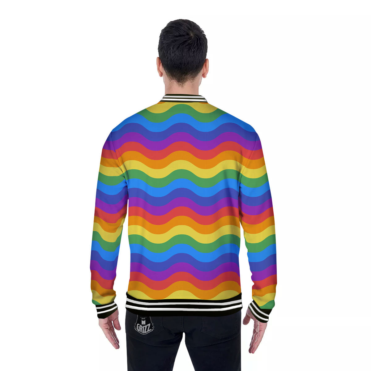 Wave Rainbow Print Pattern Baseball Jacket-grizzshop