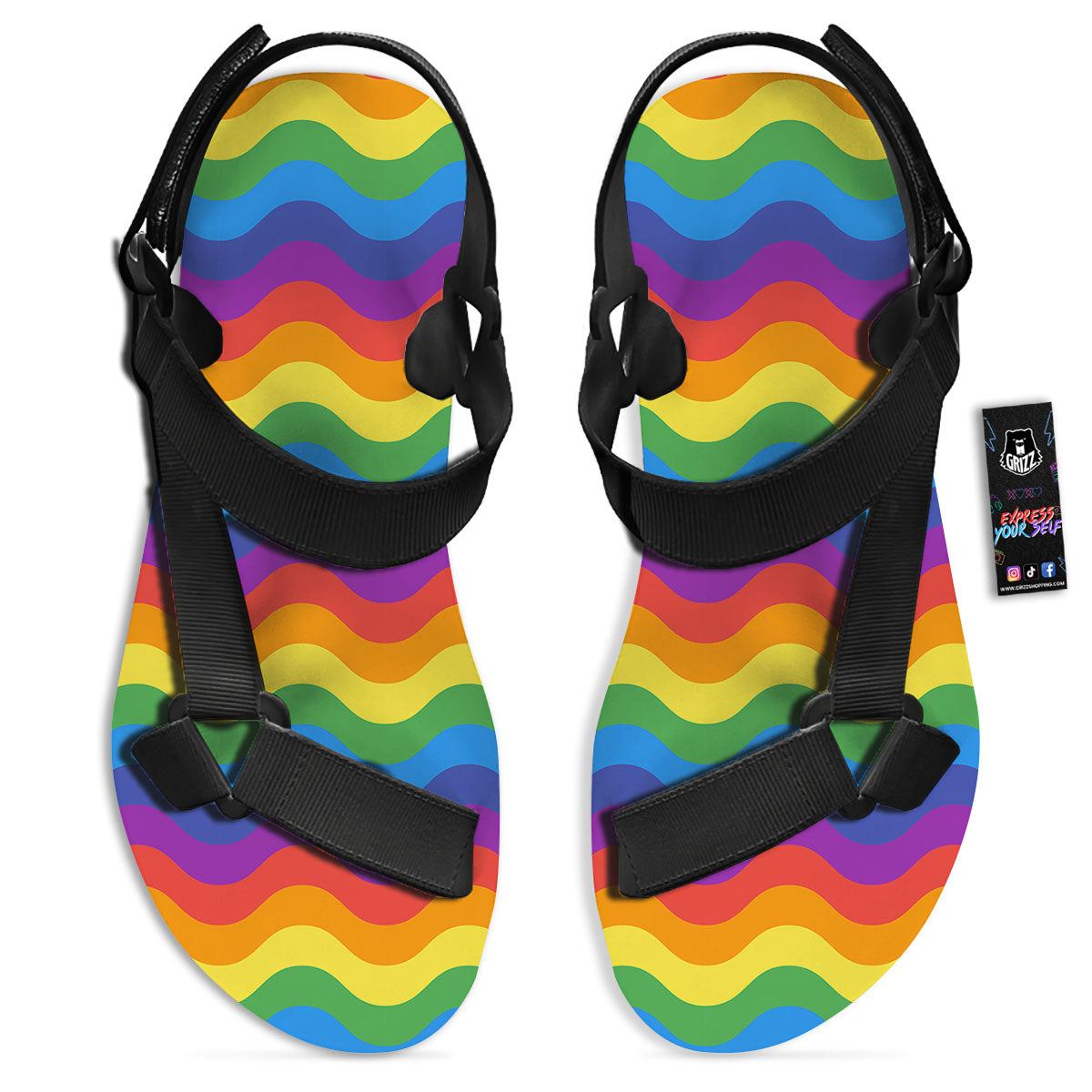 Wave Rainbow Print Pattern Black Open Toe Sandals-grizzshop