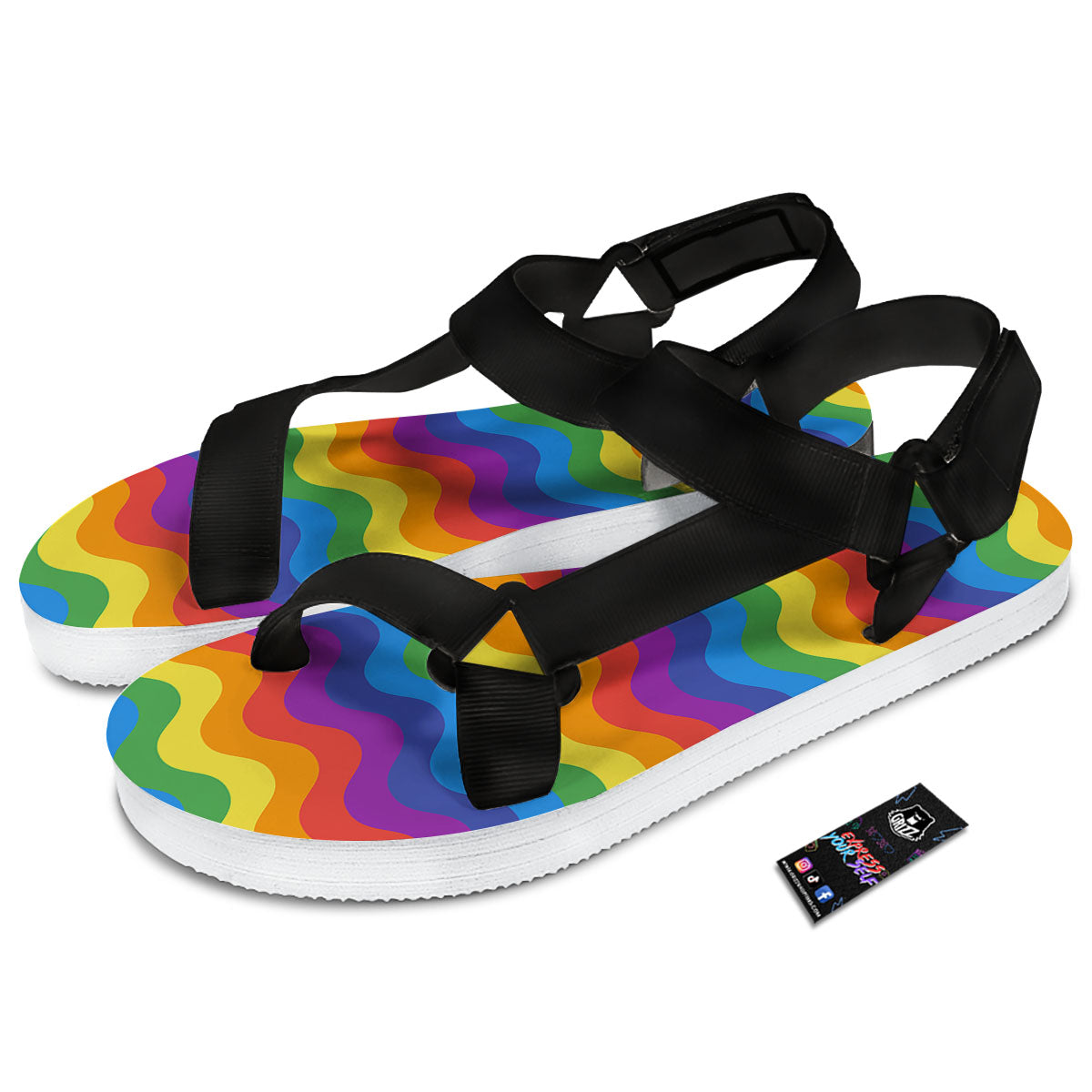 Wave Rainbow Print Pattern Black Open Toe Sandals-grizzshop