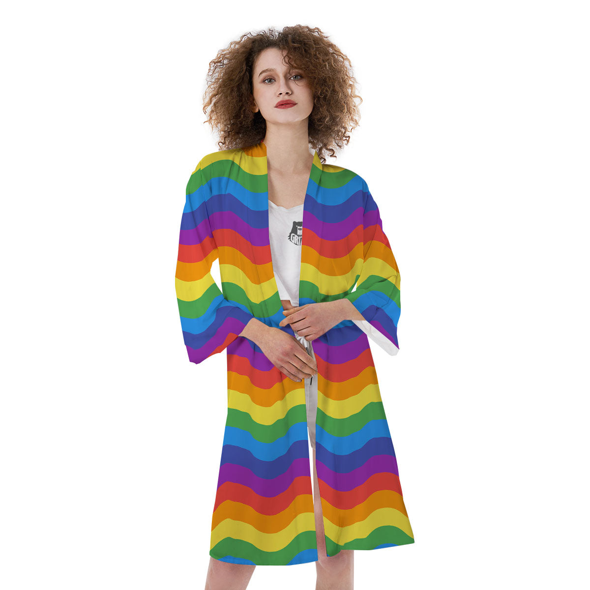 Wave Rainbow Print Pattern Kimono-grizzshop