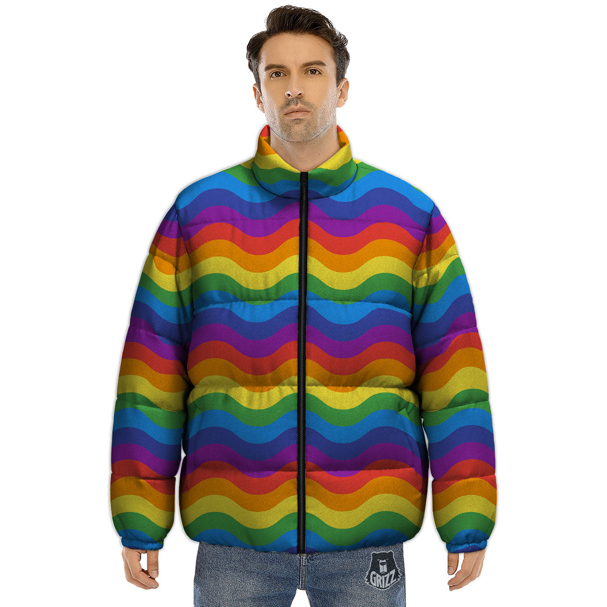 Wave Rainbow Print Pattern Puffer Jacket-grizzshop