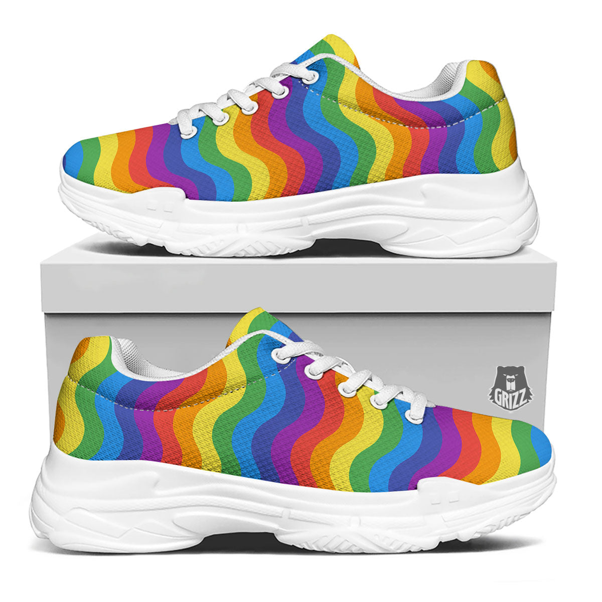 Wave Rainbow Print Pattern White Chunky Shoes-grizzshop