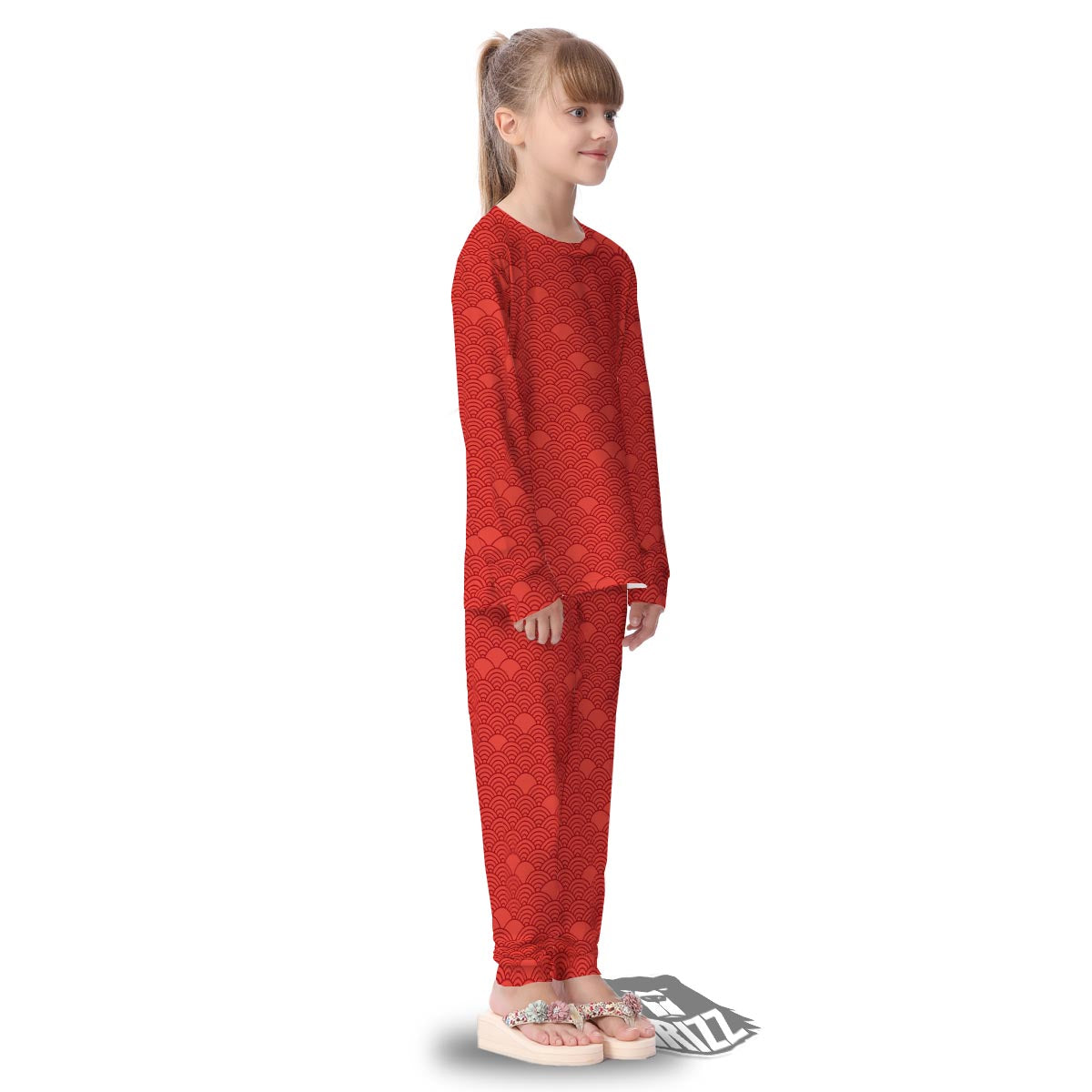 Wave Red Japanese Print Pattern Kid's Pajamas-grizzshop