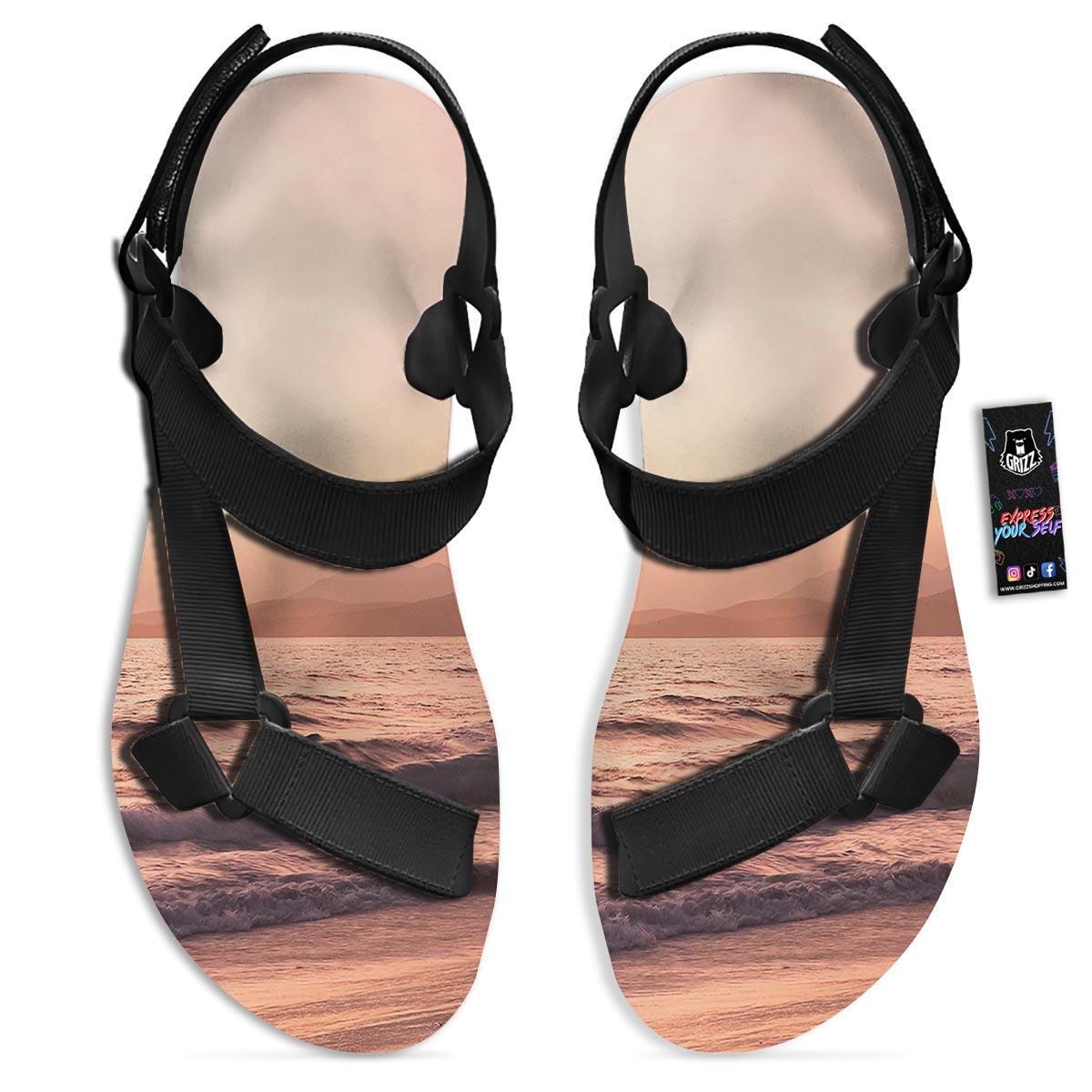 Wave Sunrise Print Black Open Toe Sandals-grizzshop